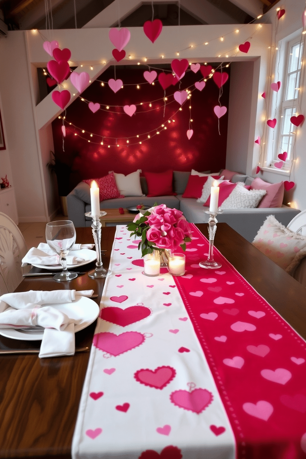 A romantic dining setting featuring a Valentine's Day themed table runner adorned with delicate heart patterns in shades of red and pink. The table is set with elegant dinnerware, soft candlelight flickering in crystal holders, and a bouquet of fresh roses at the center. A cozy loft space decorated for Valentine's Day, showcasing whimsical garlands of hearts hanging from the ceiling. Plush cushions in complementary hues are scattered across a stylish sofa, while fairy lights twinkle softly, creating an inviting atmosphere for a romantic evening.