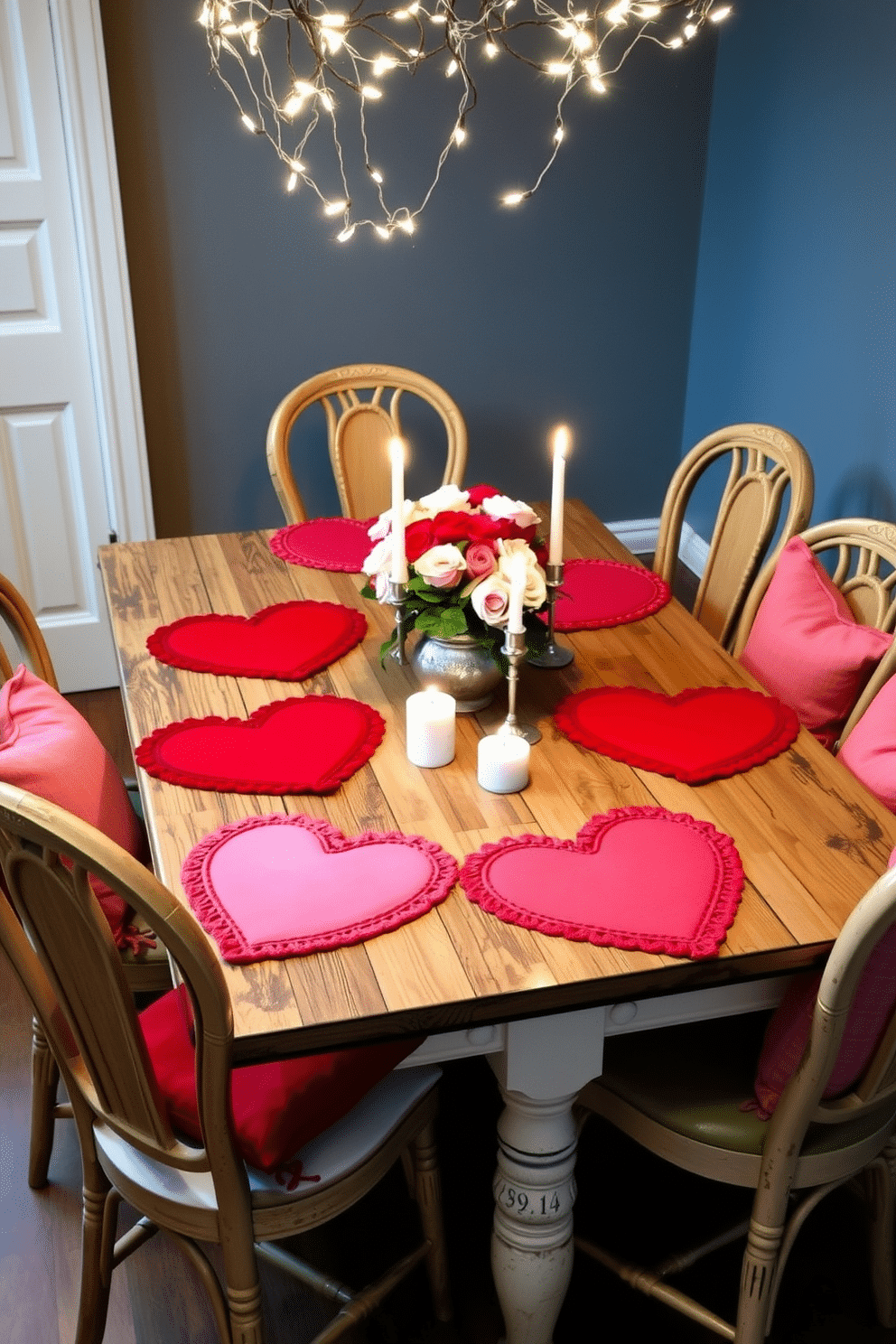 Heart-shaped placemats are elegantly arranged on a rustic wooden dining table, adding a touch of romance to the setting. Surrounding the table are mismatched vintage chairs, each adorned with soft cushions in shades of red and pink. Above the table, a cluster of delicate fairy lights is draped, casting a warm glow over the scene. On the table, a centerpiece of fresh roses in varying hues complements the festive theme, while a few candles flicker gently, enhancing the cozy atmosphere.