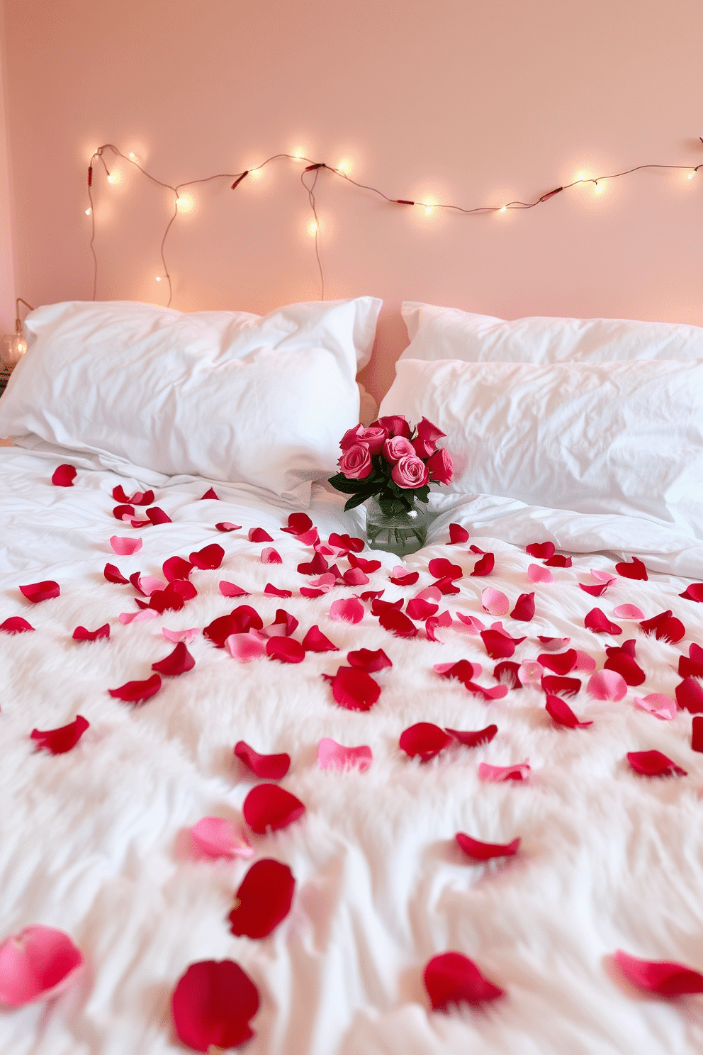 A romantic bedroom setting adorned with soft, fluffy white bedding. Scattered across the bed are delicate rose petals in varying shades of red and pink, creating a warm and inviting atmosphere. The walls are painted a soft blush, enhancing the cozy vibe, while twinkling fairy lights are draped along the headboard. A small vase filled with fresh roses sits on the bedside table, complementing the overall Valentine's Day theme.