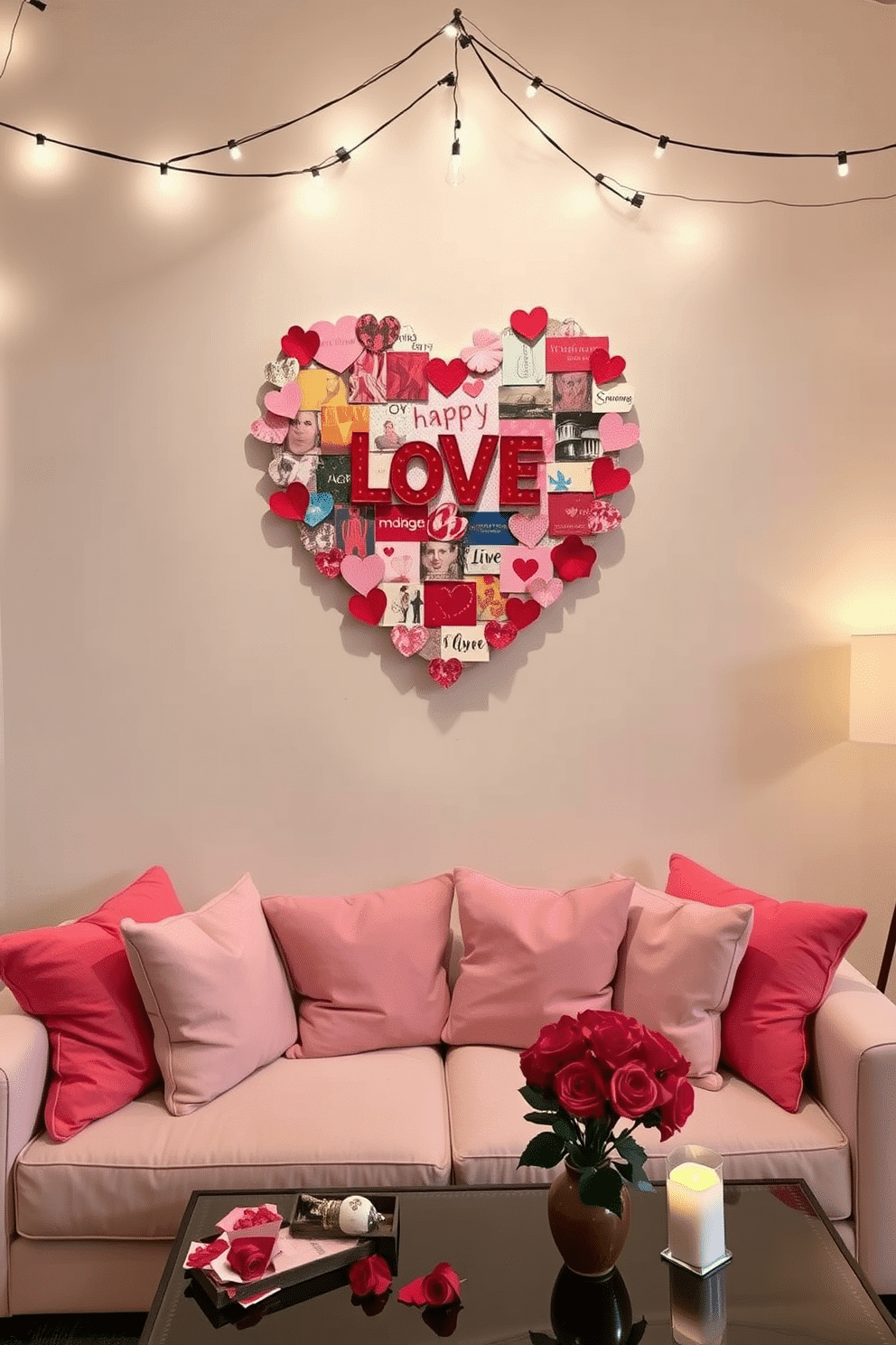 A charming heart-shaped wall art collage adorns the main wall, featuring a mix of vibrant prints and textured materials that celebrate love and creativity. Below the collage, a cozy seating area invites relaxation, with plush cushions in shades of pink and red, perfectly complementing the festive decor. For Valentine's Day, the loft is transformed with whimsical decorations, including string lights that twinkle above and heart-themed garlands draped across the windows. A stylish coffee table is set with romantic candles and a bouquet of fresh roses, creating an inviting atmosphere perfect for celebrating love.