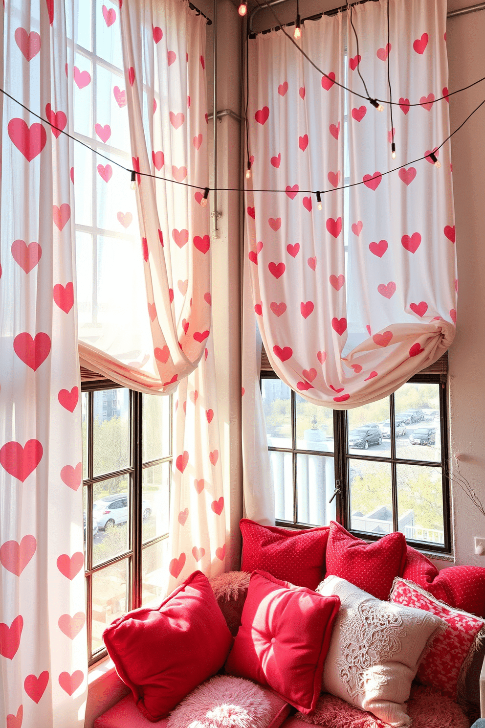 A cozy loft space adorned with Valentine's Day themed curtains that feature a romantic heart pattern in soft pink and white hues. The curtains billow gently in the breeze, framing large industrial windows that let in warm, natural light. In the corner, a charming seating area is decorated with plush cushions in various shades of red and pink, creating an inviting atmosphere. String lights are draped across the ceiling, adding a whimsical touch to the overall decor.