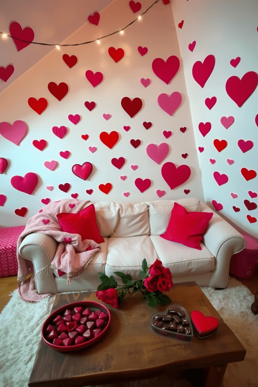 A whimsical loft space adorned with heart-shaped wall decals in various sizes and colors, creating a playful and romantic atmosphere. Soft string lights twinkle above, adding a warm glow to the room and enhancing the festive Valentine's Day spirit. A cozy seating area features a plush, oversized sofa draped with heart-patterned throw blankets and accented with vibrant red and pink cushions. A rustic coffee table is topped with a bouquet of fresh roses and heart-shaped chocolates, inviting relaxation and celebration.