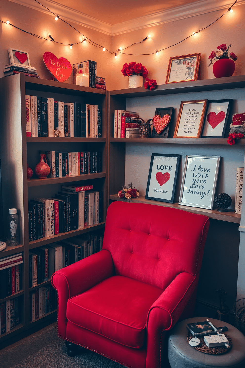 A cozy reading nook adorned with love-themed bookshelf decor. The shelves are filled with romantic novels and decorative items like heart-shaped trinkets and framed love quotes. In the corner, a plush armchair upholstered in soft red fabric invites you to sit and enjoy a good book. String lights twinkle above, creating a warm, inviting atmosphere perfect for Valentine's Day.