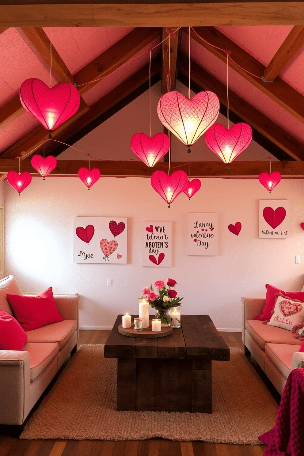 A cozy loft space adorned with heart-shaped lanterns, casting a warm, romantic glow throughout the room. The lanterns are hung from exposed beams, complemented by soft, plush seating and vibrant throw pillows in shades of red and pink. The walls are decorated with whimsical Valentine's Day-themed art, creating a festive atmosphere. A rustic wooden coffee table sits at the center, adorned with candles and fresh flowers, enhancing the charming ambiance of the loft.