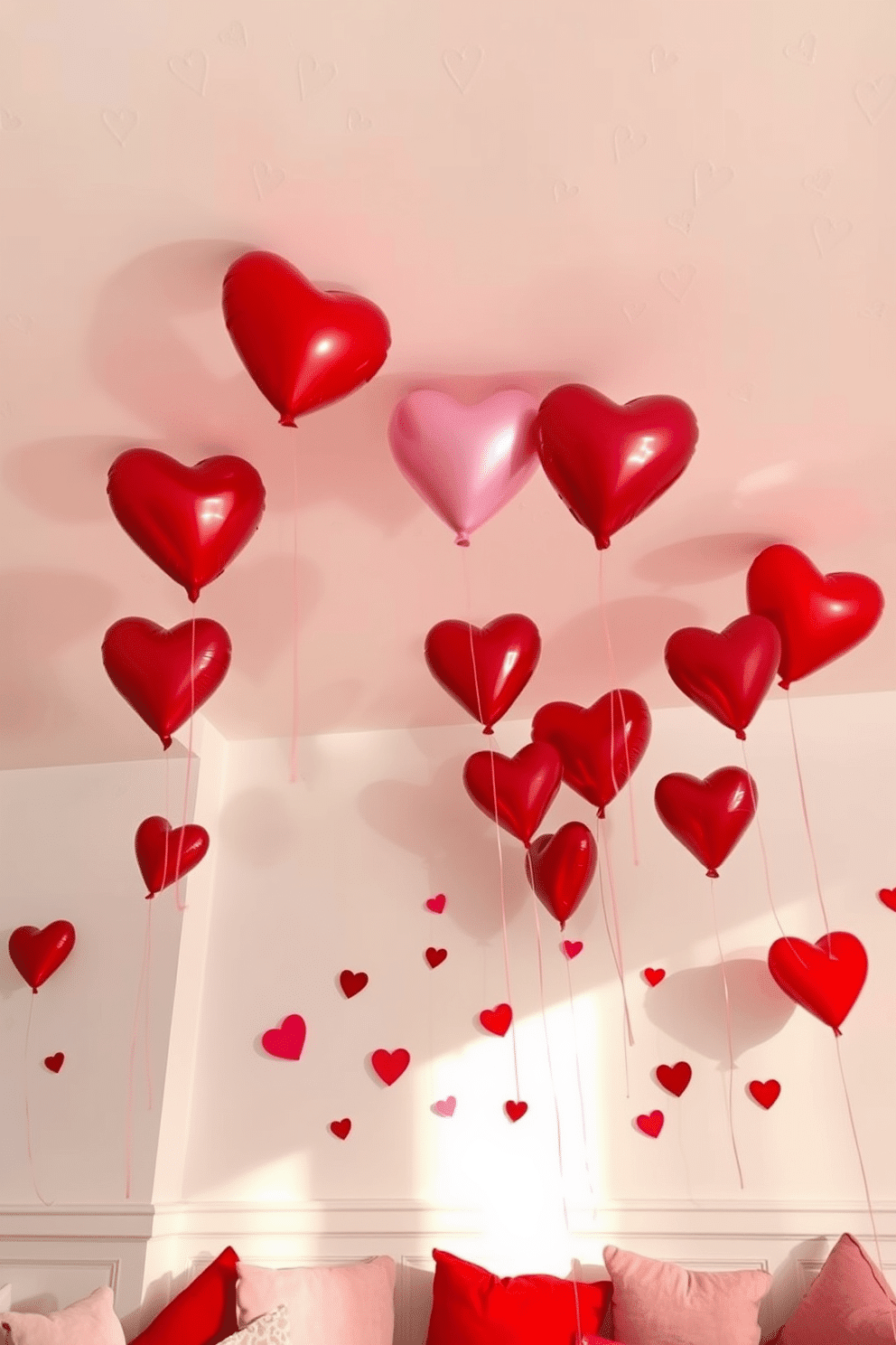 A whimsical ceiling adorned with heart-shaped balloons in various shades of red and pink creates a festive atmosphere for Valentine's Day. The balloons float gracefully above, casting playful shadows on the soft, white walls that are decorated with subtle, romantic accents. Underneath, a cozy seating area features plush cushions in complementary colors, inviting guests to relax and enjoy the celebration. Soft, ambient lighting enhances the romantic vibe, making it the perfect setting for intimate gatherings or heartfelt moments.