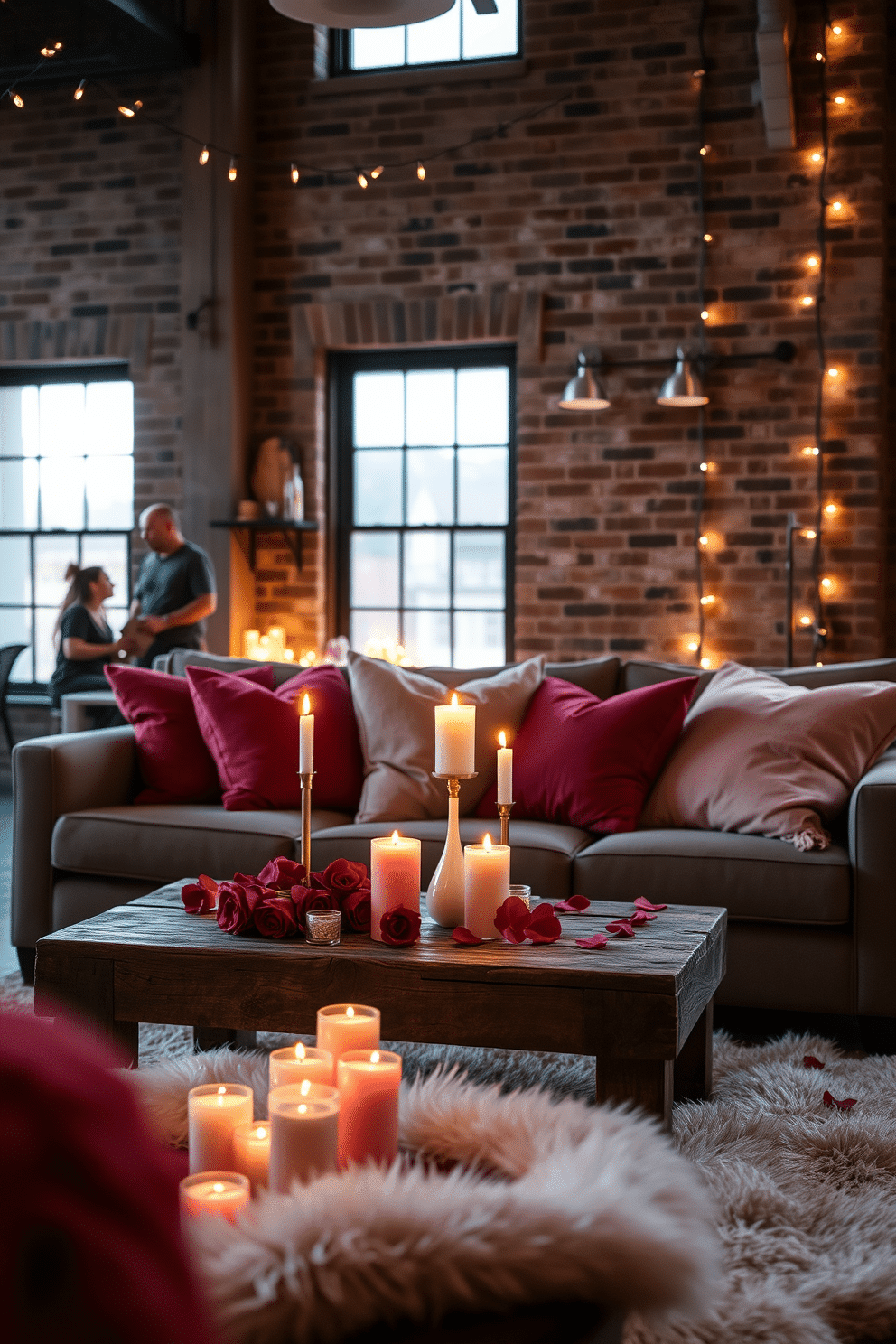 A cozy loft setting adorned for Valentine's Day. Soft, ambient lighting casts a warm glow over a collection of romantic scented candles arranged on a rustic wooden coffee table. Plush cushions in shades of deep red and soft pink are scattered across a large, inviting sofa. Delicate string lights are draped along the exposed brick walls, enhancing the romantic atmosphere.