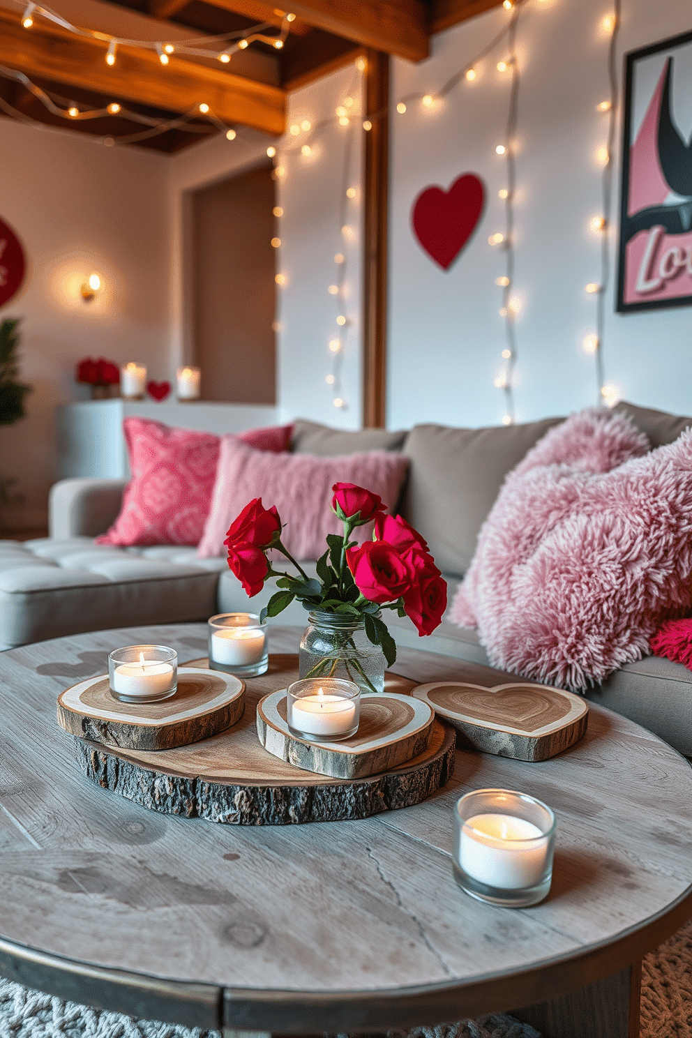 A cozy loft setting adorned for Valentine's Day. Heart-shaped coasters made of natural wood are placed on a rustic coffee table, surrounded by flickering candles and a bouquet of fresh red roses. The walls are decorated with soft, romantic lighting and string lights that create a warm ambiance. Plush throw pillows in shades of pink and red are scattered on a comfortable sofa, inviting guests to relax and enjoy the festive atmosphere.