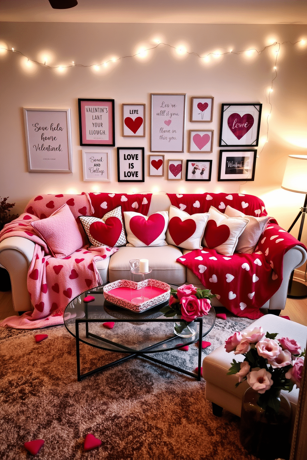 A cozy living room adorned for Valentine's Day, featuring a plush sofa draped with heart-patterned blankets in shades of red and pink. Soft, ambient lighting casts a warm glow, enhancing the romantic atmosphere with decorative cushions and a heart-shaped coffee table centerpiece. In the background, a gallery wall showcases framed love quotes and heart-themed artwork, complemented by twinkling fairy lights. A stylish area rug adds texture, while fresh flowers in a vase bring a touch of nature to the festive decor.