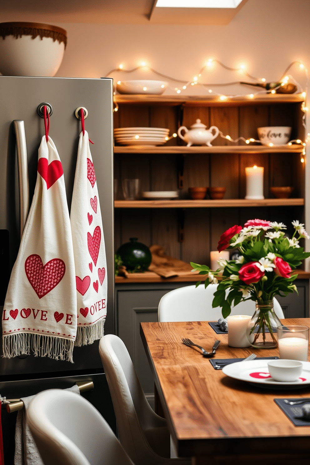 A cozy kitchen adorned with love-themed towels hanging from the oven handle and the refrigerator door. The towels feature whimsical heart patterns in shades of red and pink, adding a festive touch to the space. In the background, a rustic wooden table is set for a romantic dinner, complete with candles and fresh flowers. Soft fairy lights drape across the open shelves, creating a warm and inviting atmosphere for Valentine's Day celebrations.