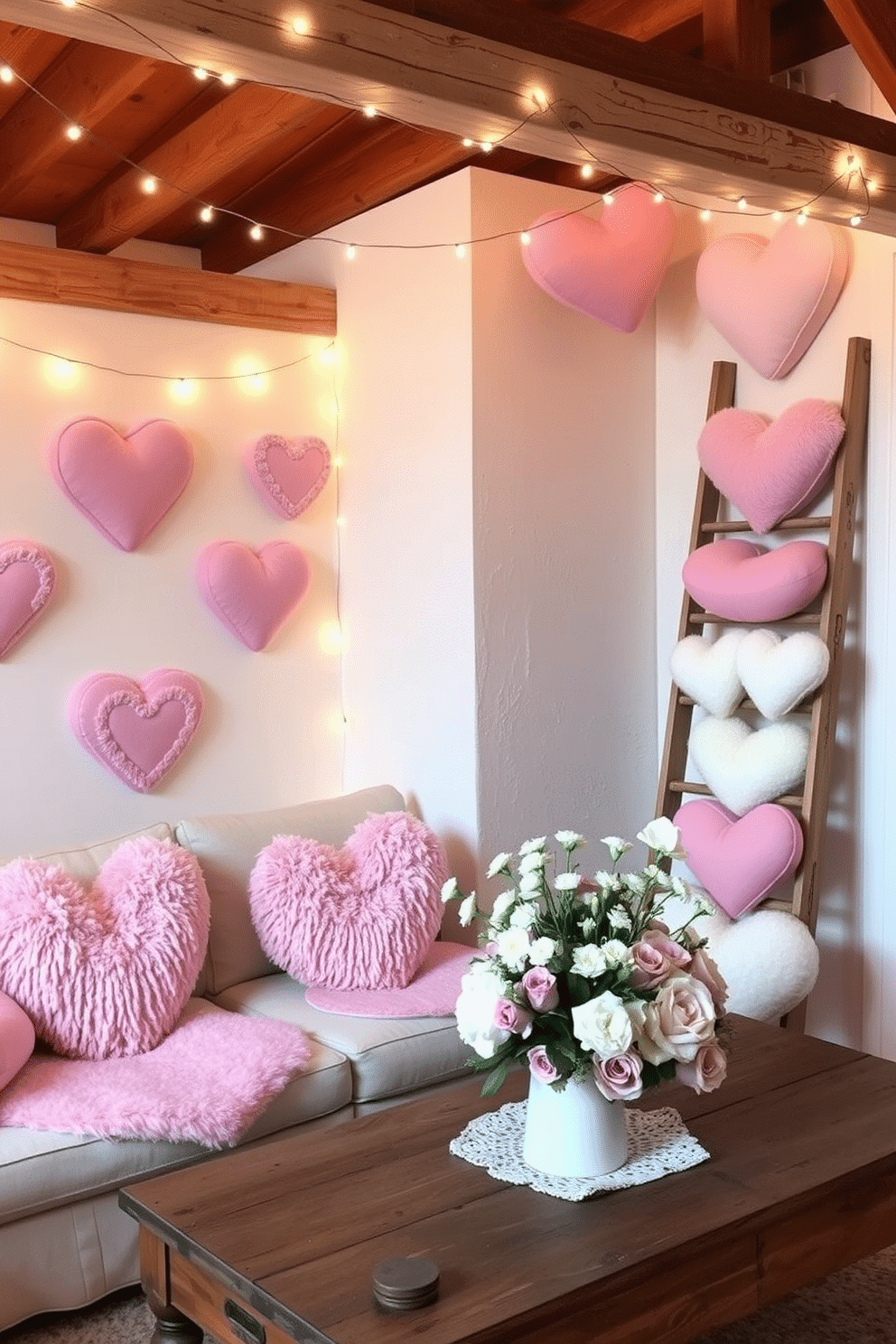 A cozy loft space adorned for Valentine's Day, featuring heart-shaped bath mats in soft pink and white hues. The decor includes string lights draped across exposed beams, creating a warm and inviting atmosphere. A vintage wooden ladder leans against a wall, displaying an array of plush heart-shaped pillows in various sizes. Fresh flowers in a romantic arrangement sit on a rustic coffee table, adding a touch of elegance to the festive setting.