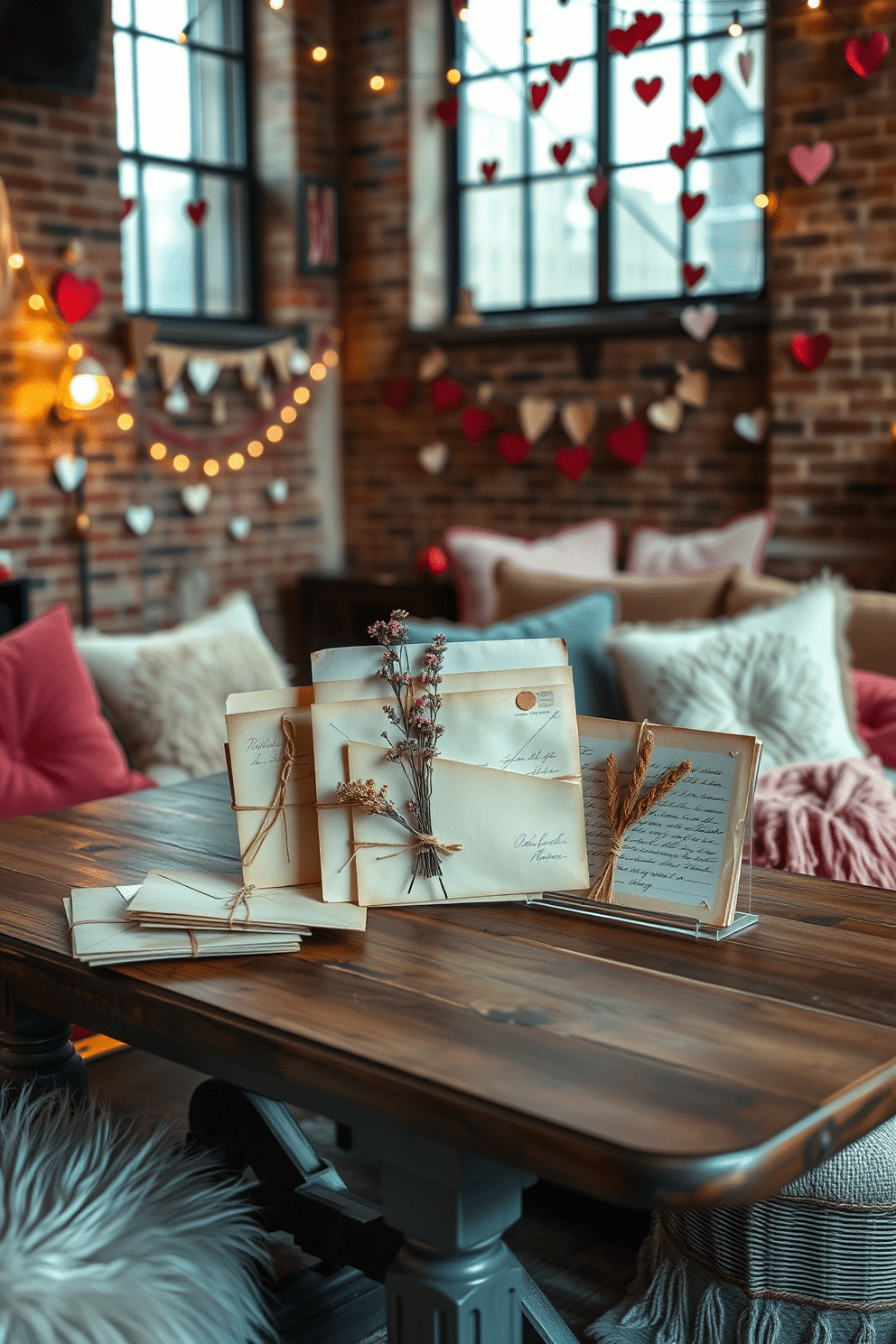 A charming vintage love letters display is arranged on a rustic wooden table, featuring a collection of aged envelopes and handwritten notes tied together with twine. Soft, ambient lighting illuminates the scene, enhancing the nostalgic feel of the letters while a small bouquet of dried flowers adds a romantic touch. For Valentine's Day, the loft is adorned with whimsical decorations, including heart-shaped garlands draped across exposed brick walls. Cozy seating areas are created with plush cushions and throws, inviting guests to relax and enjoy the intimate atmosphere.