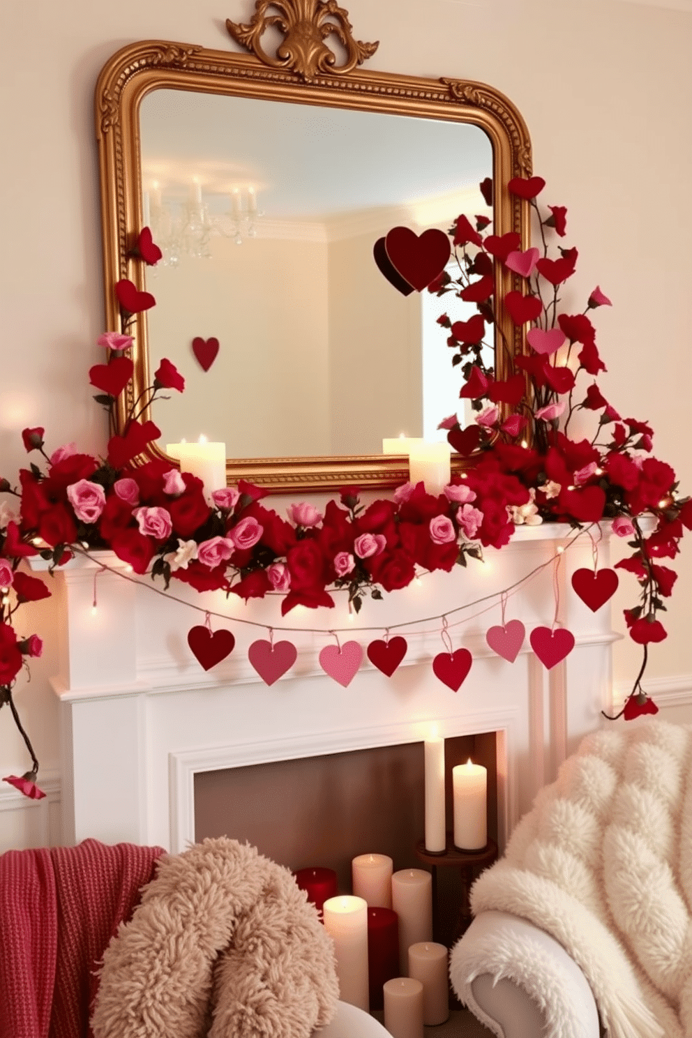 A heart-themed fireplace mantle adorned with garlands of red and pink flowers, interspersed with twinkling fairy lights. Above the mantle, a large, ornate mirror framed in gold reflects the cozy ambiance of the room, while heart-shaped decorations hang from the mantle's edge. The mantle is complemented by a collection of candles in varying heights, their warm glow creating an inviting atmosphere. Soft, plush throws in shades of red and white are draped over the nearby seating, enhancing the romantic vibe for Valentine's Day.