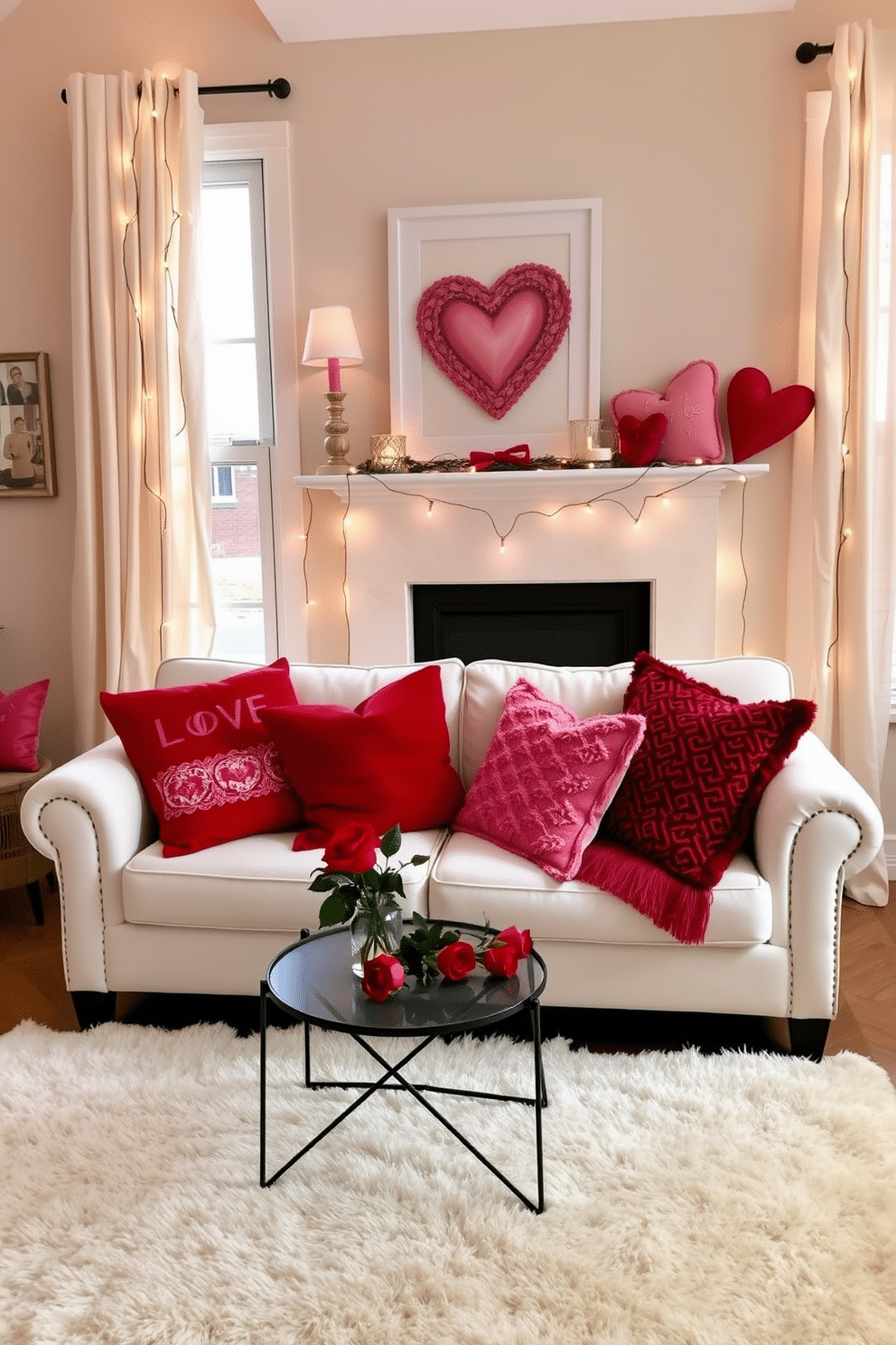 A cozy living room adorned with a mix of red and pink throw pillows scattered across a plush white sofa. The pillows feature various textures and patterns, adding a festive touch to the space, while a heart-themed artwork hangs above the fireplace, creating a romantic ambiance for Valentine's Day. To complement the decor, a soft, cream-colored area rug anchors the seating area, and a small coffee table holds a bouquet of fresh red roses. String lights drape gently around the windows, casting a warm glow that enhances the inviting atmosphere.