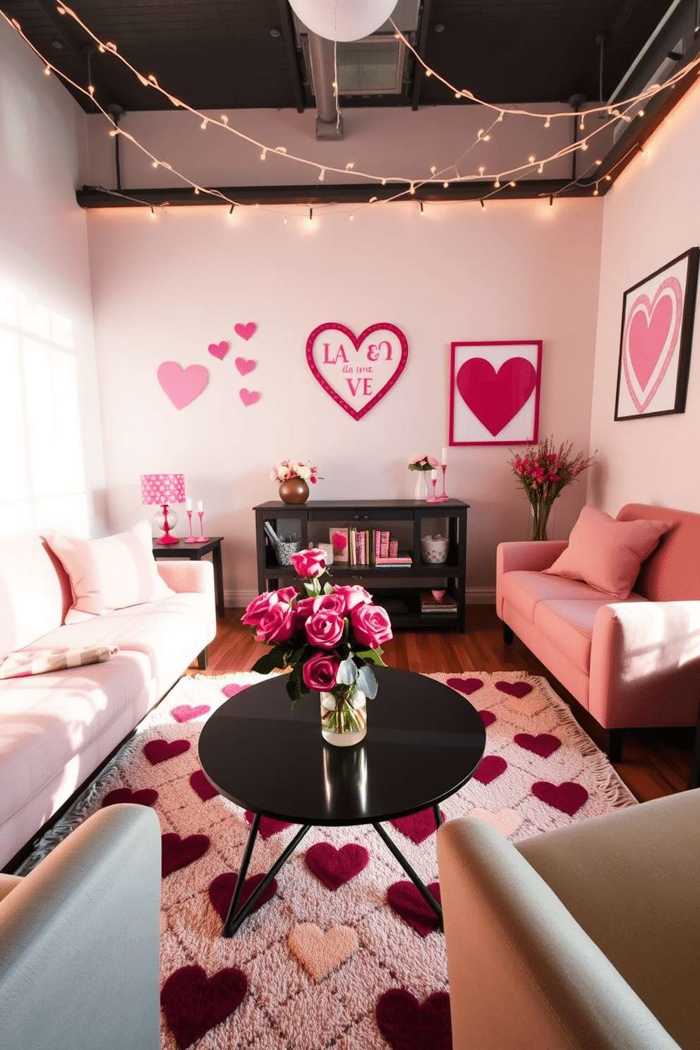 A cozy loft space decorated for Valentine's Day features a heart-patterned area rug that adds a playful touch to the room. The rug is placed under a stylish coffee table, surrounded by plush seating in soft pastel colors. On the walls, whimsical heart-shaped wall art complements the festive theme, while fairy lights twinkle overhead to create a warm ambiance. A bouquet of fresh roses in a chic vase sits on the table, enhancing the romantic atmosphere.