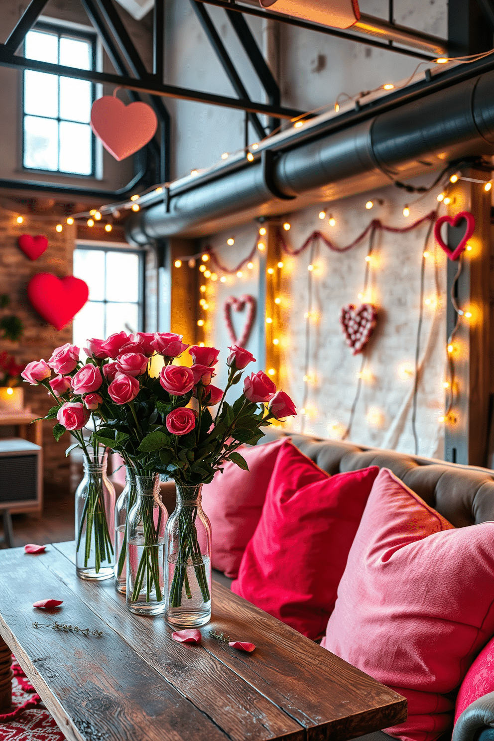 A charming loft space adorned for Valentine's Day, featuring an array of rose-filled glass vases in varying heights, elegantly arranged on a rustic wooden table. Soft, ambient lighting casts a warm glow over the room, highlighting the delicate petals and creating a romantic atmosphere. The walls are draped with string lights and heart-themed decorations, adding a festive touch to the industrial-style decor. Plush cushions in shades of pink and red are scattered across a cozy sofa, inviting guests to relax and enjoy the enchanting setting.