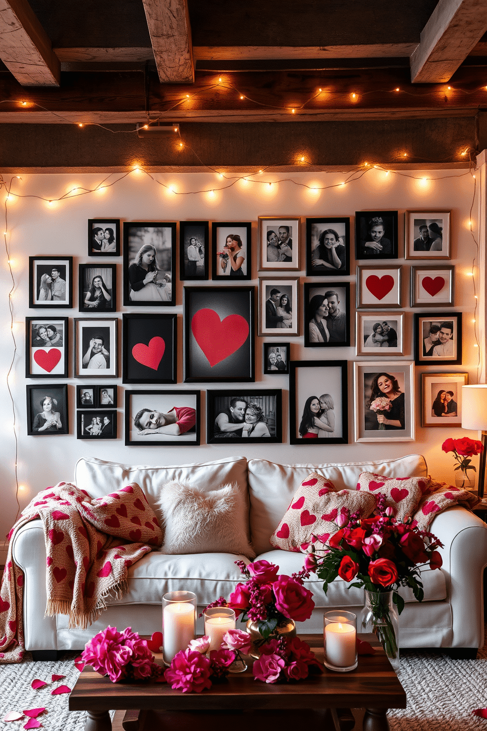 A love-themed photo gallery wall adorned with a mix of framed black-and-white and colorful photographs capturing romantic moments. The frames vary in size and style, creating an eclectic yet cohesive display that draws the eye and evokes warmth. In a loft decorated for Valentine's Day, soft fairy lights wrap around exposed beams, casting a gentle glow across the space. A plush, oversized sofa is draped with heart-patterned throws, and a coffee table is set with candles and fresh flowers in vibrant shades of red and pink.