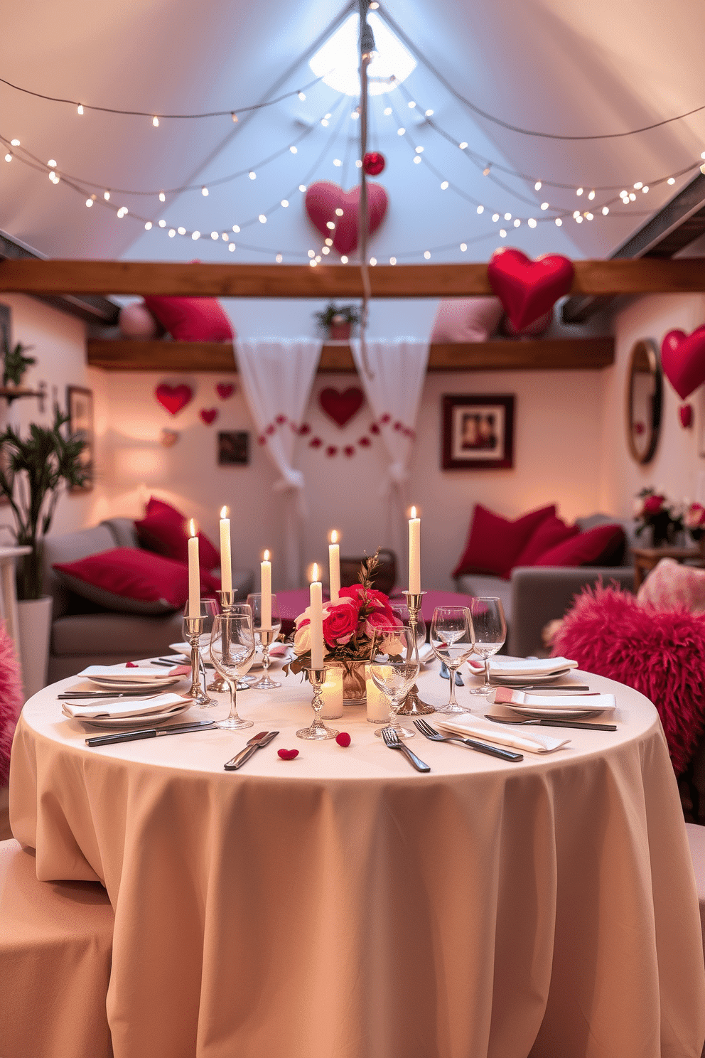 A beautifully set dinner table for a candlelit evening. The table is draped with a soft, white linen tablecloth, and adorned with elegant dinnerware and sparkling glassware, surrounded by flickering candles in varied heights. A cozy loft decorated for Valentine's Day. Soft fairy lights twinkle above, while plush cushions and throws in shades of red and pink create an inviting atmosphere, complemented by heart-shaped decorations and fresh flowers.