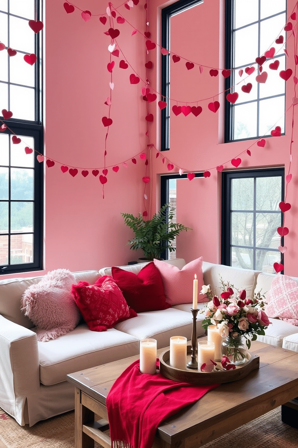 A cozy loft space adorned with heart garlands draped across large windows, allowing soft, natural light to filter through. The walls are painted in a warm blush tone, complementing the festive decorations and creating an inviting atmosphere for Valentine's Day. Plush throw pillows in shades of red and pink are scattered on a comfortable sofa, enhancing the romantic vibe. A rustic wooden coffee table is adorned with candles and a bouquet of fresh flowers, completing the charming loft decor.