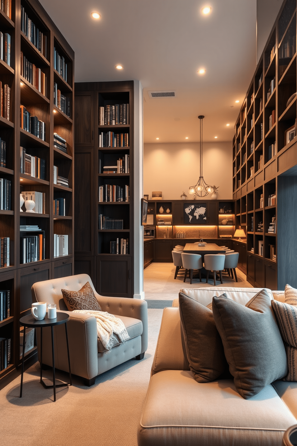 Cozy reading nook with built-in shelves. A plush armchair is nestled in the corner, surrounded by tall, custom-built shelves filled with books and decorative items. Soft, warm lighting illuminates the space, creating an inviting atmosphere. A small side table holds a steaming cup of tea and a cozy throw blanket drapes over the armchair. Long Basement Design Ideas. The basement features an open layout with designated areas for relaxation and entertainment, including a sectional sofa and a large entertainment unit. Bright, recessed lighting and large windows bring warmth and natural light to the space, while a stylish bar area adds a touch of sophistication.