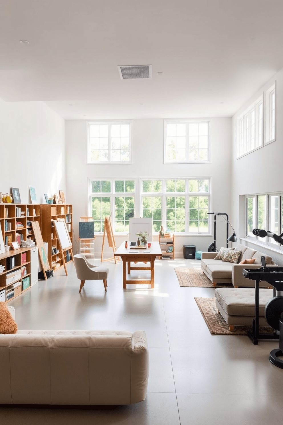 A bright art studio with ample workspace features large windows that flood the room with natural light. The walls are painted in a crisp white, providing a clean backdrop for colorful artwork and supplies. The design includes a large wooden table in the center, surrounded by various easels and art supplies neatly organized on shelves. A cozy reading nook with a plush chair and a small bookshelf is situated in one corner, inviting creativity and relaxation. The basement is designed as a multi-functional space with a sleek, modern aesthetic. Soft ambient lighting highlights the open layout, which includes a lounge area with a sectional sofa and a small kitchenette for entertaining. In one section, a home gym is seamlessly integrated, featuring exercise equipment and mirrored walls. The flooring is finished with durable, stylish tiles that enhance the overall contemporary feel of the basement.