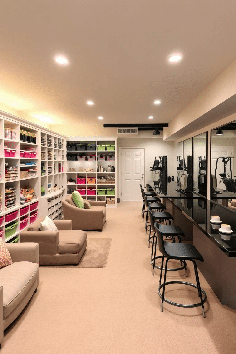 A bright and airy craft room filled with organized storage solutions. There are custom-built shelves lining the walls, filled with colorful bins and jars containing various crafting supplies. The long basement features a cozy lounge area with plush seating and soft lighting. To one side, a sleek bar counter with high stools invites gatherings, while the other side showcases a home gym with modern equipment and mirrors.