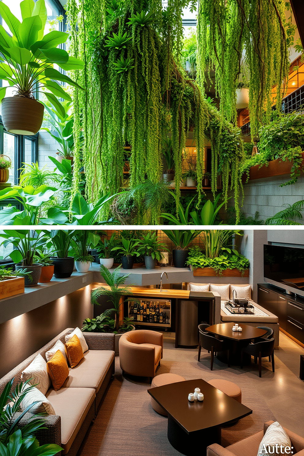 A serene indoor garden filled with lush greenery, featuring a variety of potted plants and hanging foliage. Comfortable seating arrangements with stylish cushions are positioned throughout the space, inviting relaxation amidst nature. A spacious basement designed for entertainment and relaxation, showcasing a cozy lounge area with plush sofas and a large flat-screen TV. The design includes a wet bar with modern fixtures, ambient lighting, and a game table to create an inviting atmosphere for gatherings.