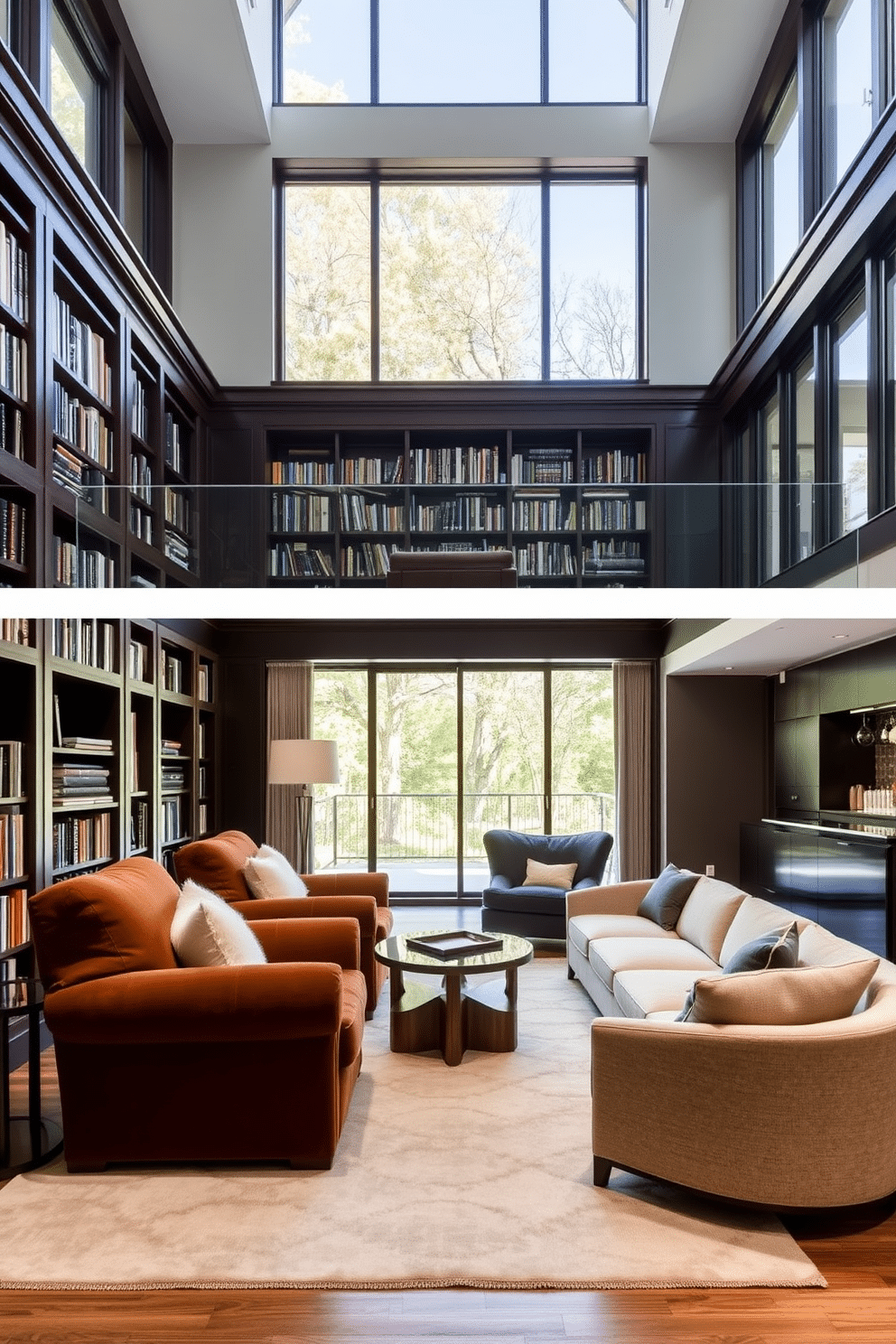 A warm and inviting home library features plush, oversized armchairs upholstered in rich, deep colors. The walls are lined with dark wood bookshelves filled with an eclectic collection of books, and a soft area rug anchors the seating area. The long basement is transformed into a multifunctional space with a sleek bar area and comfortable lounge seating. Large windows allow natural light to flood in, highlighting the modern decor and creating an open, airy atmosphere.