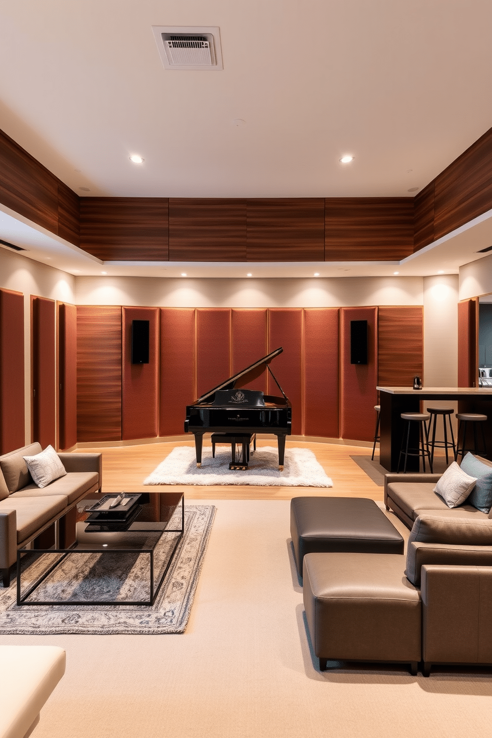 A serene music room with soundproof walls, featuring a grand piano positioned in the center. The walls are adorned with acoustic panels in rich wood tones, and a plush area rug lies beneath the piano, enhancing the room's warmth. In the basement, a contemporary lounge area is designed for relaxation and entertainment. It includes a large sectional sofa, a sleek coffee table, and a bar area with stylish stools, all illuminated by soft recessed lighting.