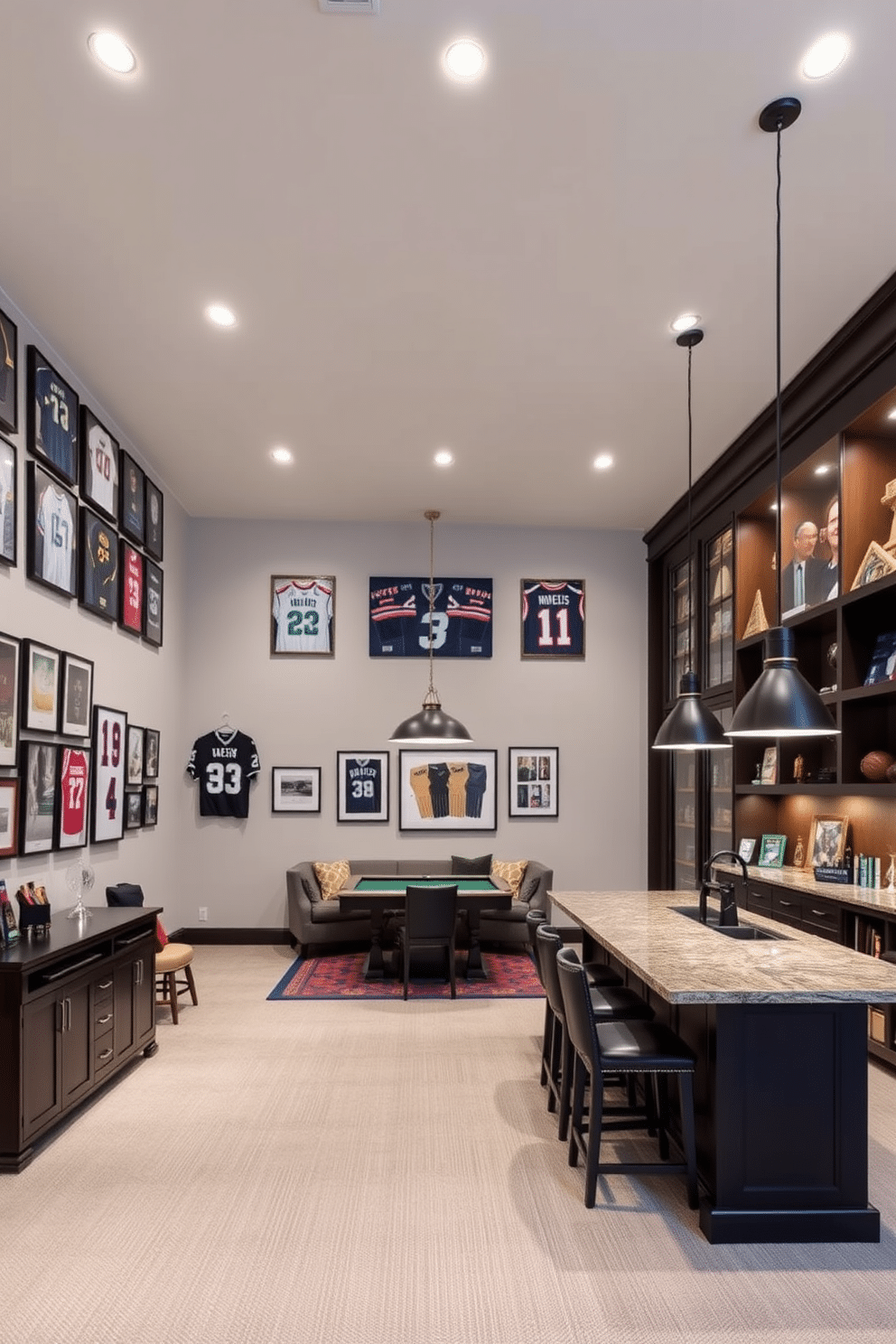 A themed sports room featuring memorabilia displays. The walls are adorned with framed jerseys and signed photographs, while a custom-built display case showcases trophies and collectibles. Long basement design ideas that maximize space and functionality. The layout includes a cozy lounge area with a sectional sofa, a game table, and a wet bar, all illuminated by stylish pendant lights.