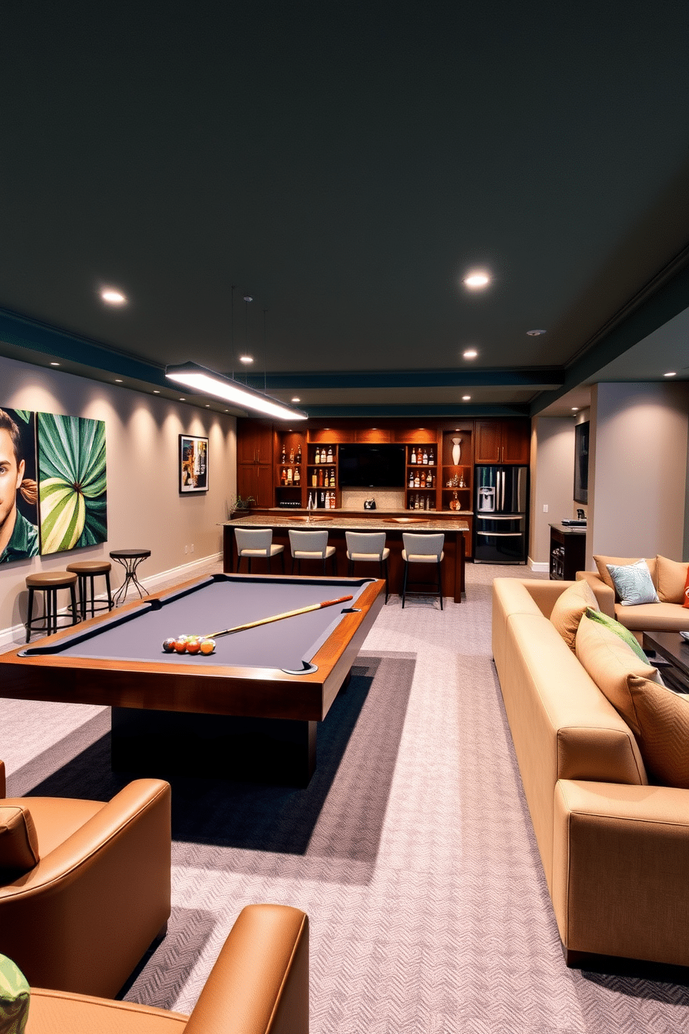 A vibrant game room featuring a sleek pool table at its center, surrounded by plush seating for guests. Behind the pool table, a stylish bar area showcases a polished wooden counter, with high stools and shelves stocked with an array of spirits and glassware. The long basement is designed for both relaxation and entertainment, with a cozy lounge area complete with a large sectional sofa and a modern entertainment unit. Soft ambient lighting enhances the space, while a small kitchenette provides convenience for snacks and drinks during gatherings.