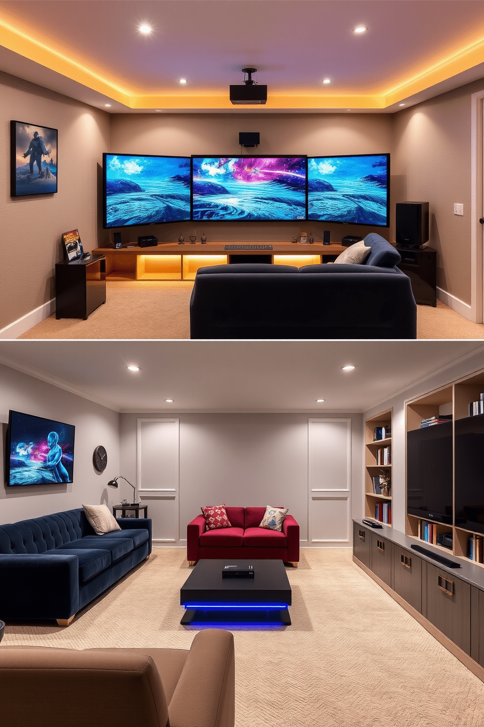 A game console corner designed for comfort and relaxation. The space features a plush sectional sofa in a deep navy blue, paired with a sleek, low-profile coffee table and ambient LED lighting. Long basement design ideas that maximize both functionality and style. The layout includes a multi-purpose area with a home theater setup, a small kitchenette, and a cozy reading nook with built-in bookshelves.