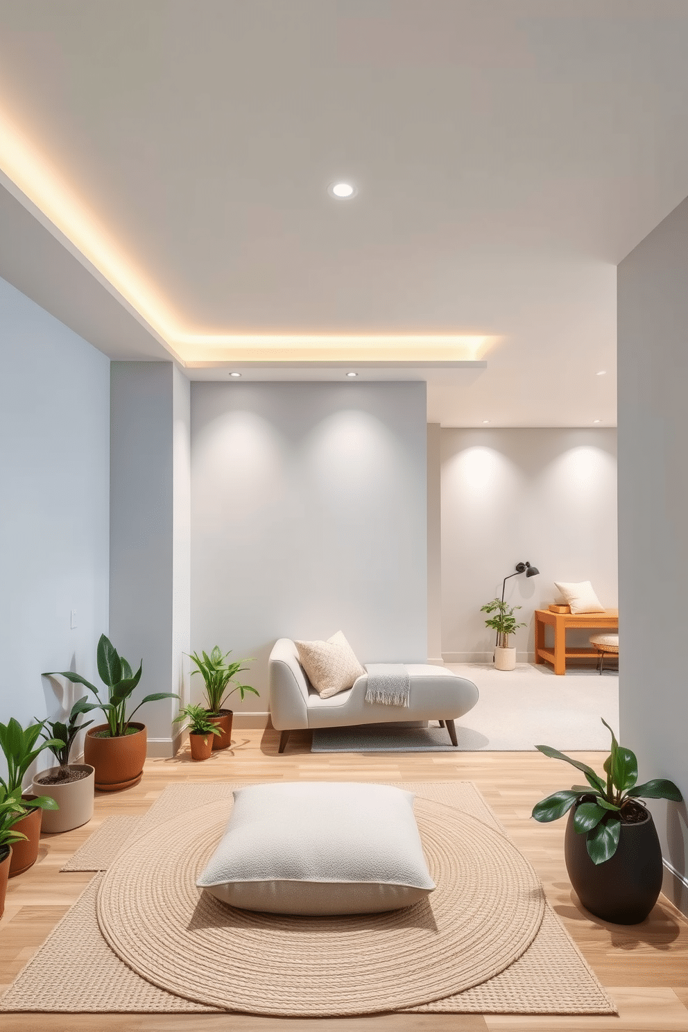 A serene meditation room featuring soft, calming colors like pale blue and gentle beige. The space is adorned with a plush meditation cushion on a natural fiber rug, surrounded by potted plants that enhance the tranquility. A stylish basement design that maximizes space and light, incorporating a cozy seating area with modern furniture. The walls are painted in light gray, complemented by warm wood accents and strategically placed lighting to create an inviting atmosphere.