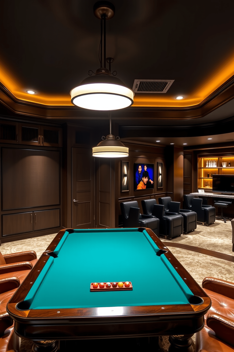 A luxurious billiards room featuring an elegant pool table at its center, surrounded by plush seating in rich leather. Stylish pendant lighting fixtures hang from the ceiling, casting a warm glow over the space and enhancing the sophisticated atmosphere. A modern basement designed for entertainment, showcasing a spacious layout with a home theater area equipped with plush recliners and a large screen. The design incorporates a wet bar with sleek cabinetry and a cozy lounge corner, all accented by ambient lighting that creates an inviting ambiance.