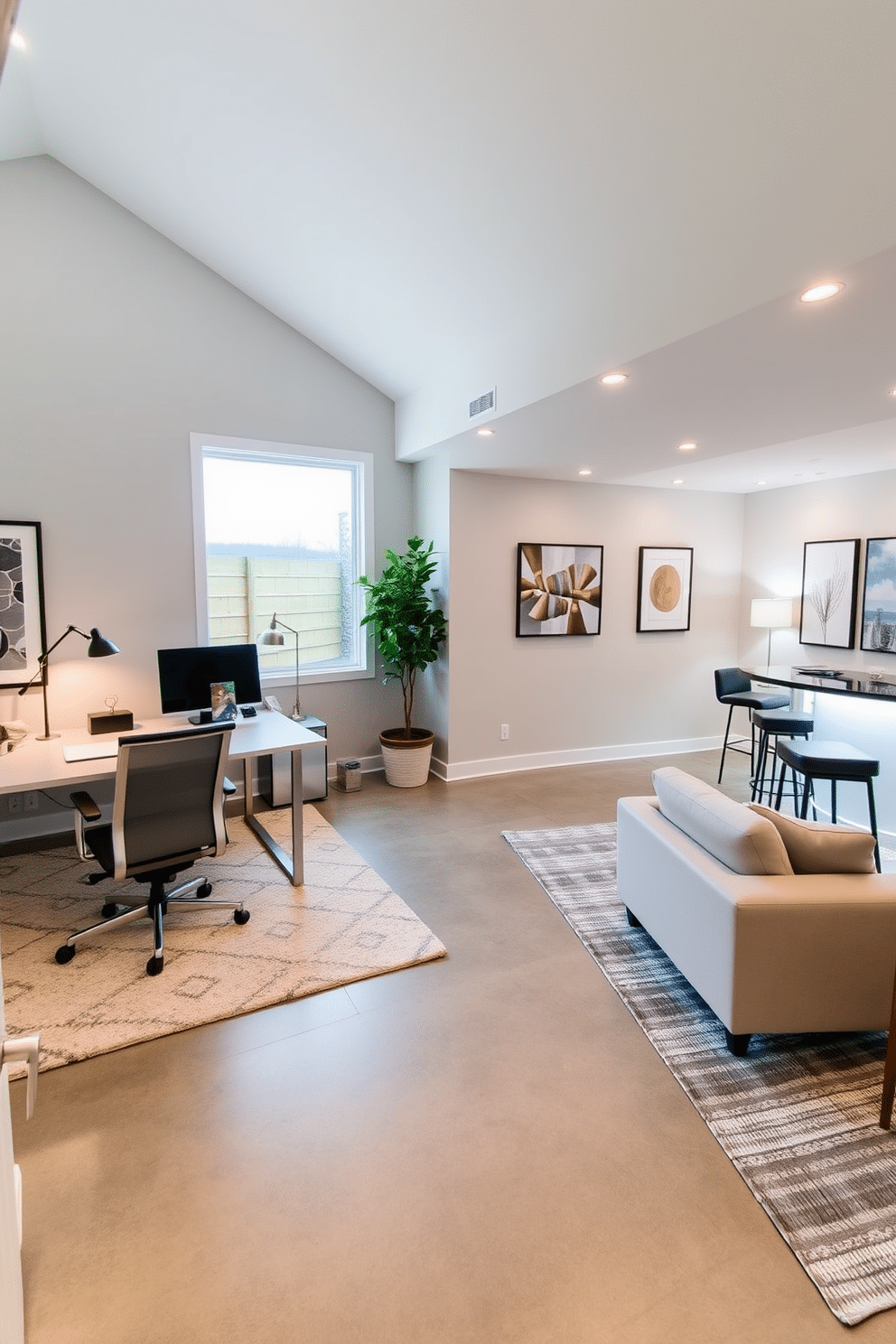 A modern home office featuring a dual workstation setup. Each workstation is equipped with sleek, ergonomic chairs and minimalist desks, accented by stylish desk lamps and personal decor. The walls are painted in a calming light gray, creating a serene atmosphere. Large windows allow natural light to flood the room, while a plush area rug adds warmth underfoot. --- A spacious basement designed for multifunctional use. One area is dedicated to a cozy lounge with a sectional sofa and a coffee table, while another features a stylish bar with high stools and ambient lighting. The walls are adorned with contemporary art, and the flooring combines polished concrete with soft area rugs. Strategic lighting enhances the inviting atmosphere, making it perfect for entertaining or relaxing.