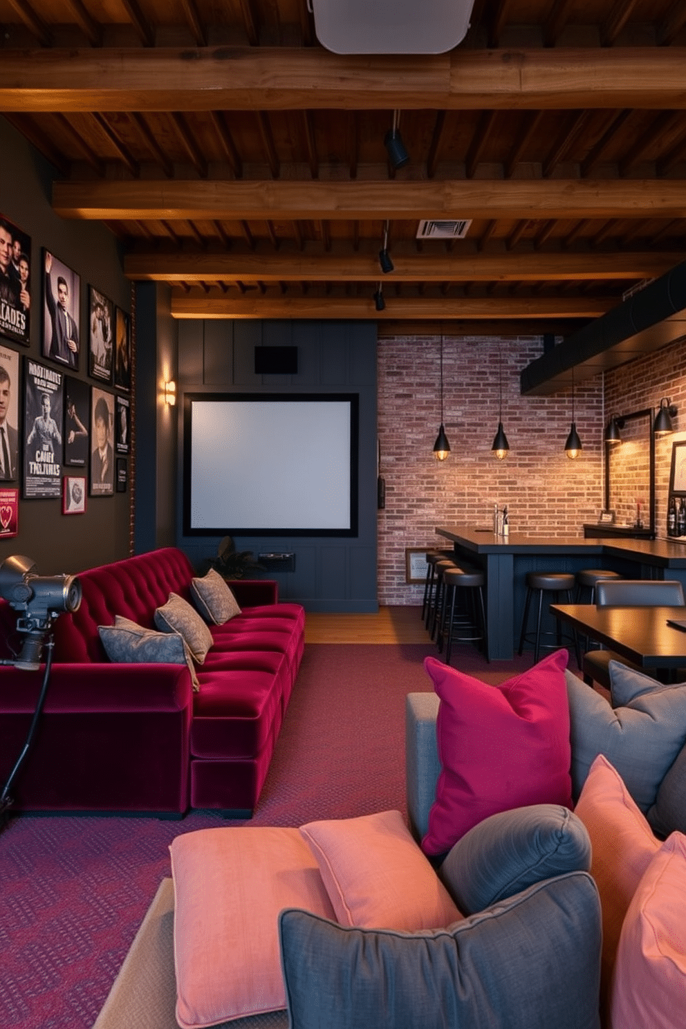 A vintage film screening area features a plush velvet sofa in deep burgundy, perfectly positioned in front of a classic projector screen. The walls are adorned with retro movie posters, and soft, ambient lighting creates a cozy atmosphere. In the long basement, a combination of industrial and rustic elements comes together with exposed brick walls and wooden beams. Cozy seating areas with oversized cushions invite relaxation, while a stylish bar with high stools offers a perfect spot for entertaining guests.