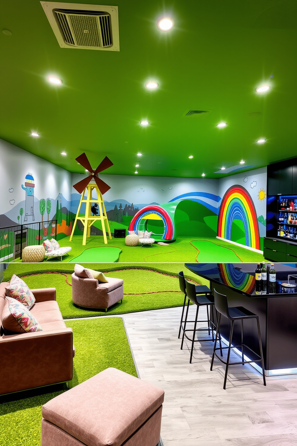 A vibrant indoor mini-golf course filled with whimsical obstacles, including a giant windmill and a colorful rainbow tunnel. The walls are adorned with playful murals, and the flooring features bright green turf that mimics a real golf course. A stylish basement design featuring a cozy lounge area with plush seating and a modern entertainment center. The space is illuminated with soft recessed lighting, and a sleek bar area is integrated into the design, complete with high stools and a selection of drinks on display.