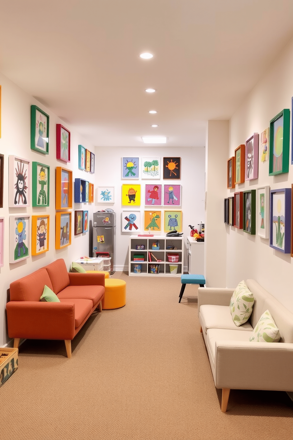 A vibrant children's art gallery filled with colorful artwork created by young artists. The walls are painted in a bright white to enhance the colors of the art, and playful frames in various shapes and sizes display the pieces. An inviting basement design that maximizes space and functionality. The area features cozy seating arrangements, a small kitchenette for snacks, and bright lighting to create a warm atmosphere.