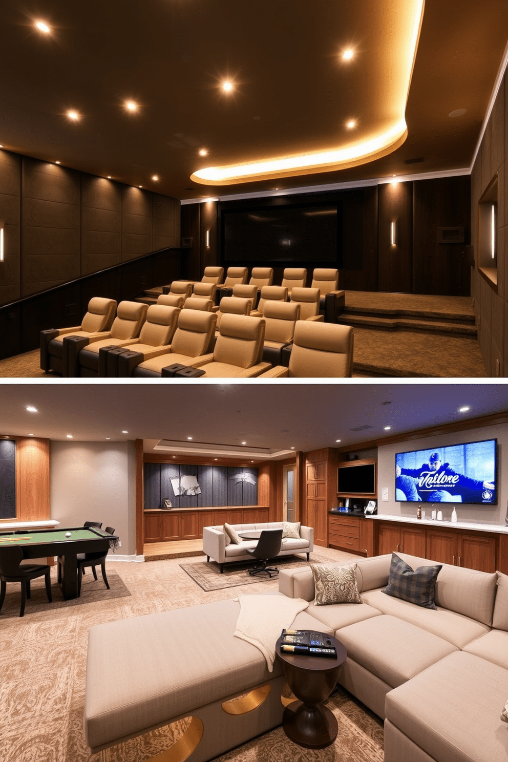 A luxurious home theater featuring plush, oversized seating options arranged in a tiered layout for optimal viewing. The walls are lined with dark acoustic panels, and a large screen is mounted at the front, complemented by ambient lighting that creates a cozy atmosphere. A stylish basement design that maximizes space with a combination of entertainment and relaxation areas. The layout includes a game zone with a pool table, a comfortable lounge area with a sectional sofa, and a wet bar for refreshments, all accented by warm wood finishes and soft, inviting colors.