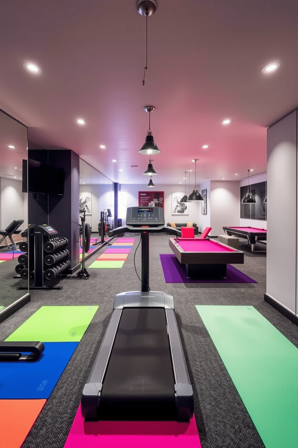 Personal gym with mirrored walls and mats. The space features sleek, modern equipment, including a treadmill and weights, with vibrant colored mats laid out for yoga and stretching. Long basement design ideas. The area is divided into distinct zones, such as a cozy lounge with a sectional sofa and a game area with a pool table, all illuminated by stylish pendant lighting.