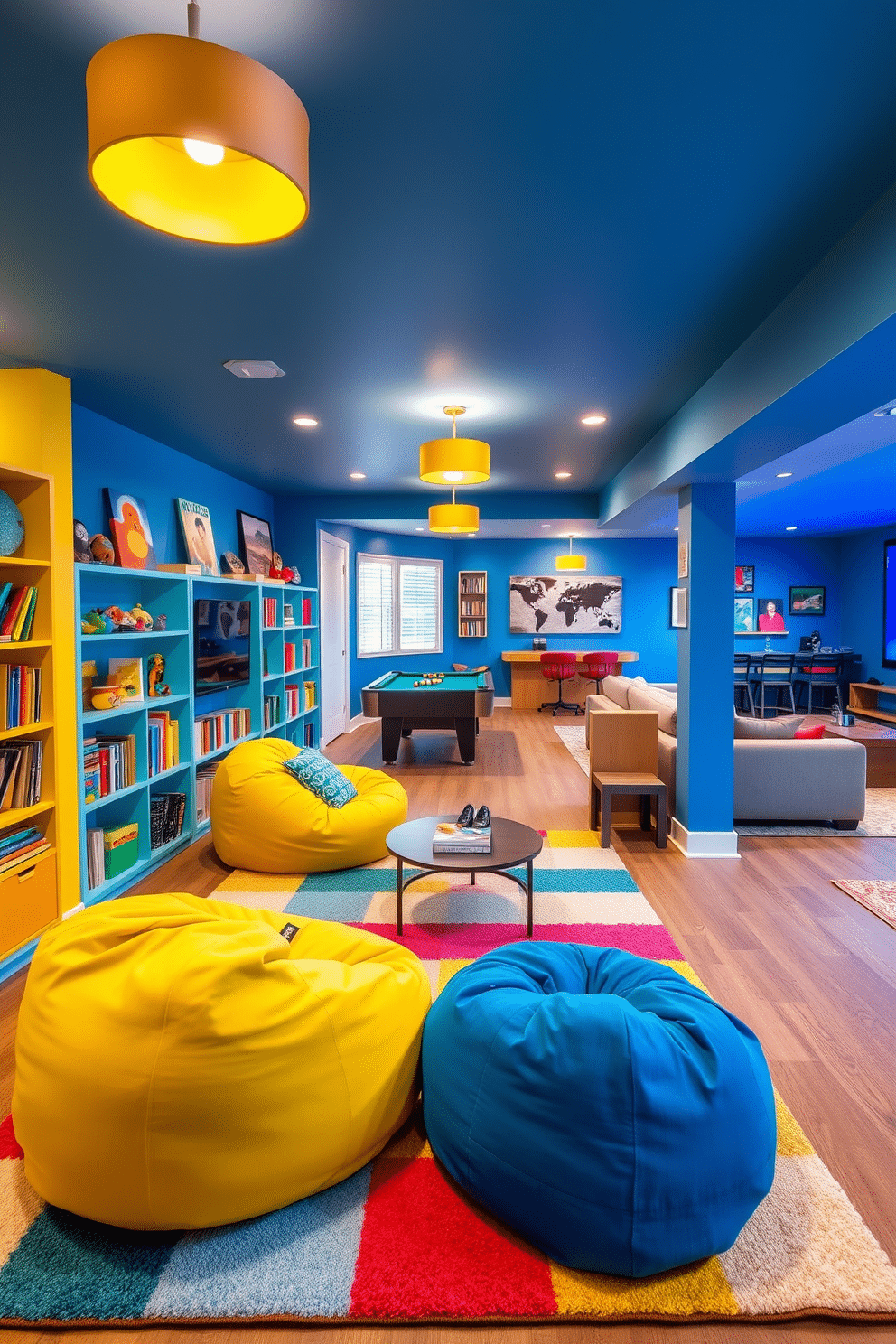 Bright playroom with colorful decor. The walls are painted in vibrant shades of blue and yellow, and the floor is covered with a soft, multicolored rug. A large bookshelf filled with toys and books is placed against one wall, while a cozy reading nook with oversized bean bags invites relaxation. Brightly colored artwork adorns the walls, and playful lighting fixtures hang from the ceiling, creating a cheerful atmosphere. Long basement design ideas. The space features an open layout with a cozy lounge area that includes a sectional sofa and a coffee table, perfect for entertaining. A game zone with a pool table and a bar area is situated in one corner, while the other side is dedicated to a home theater complete with plush seating and a large screen.