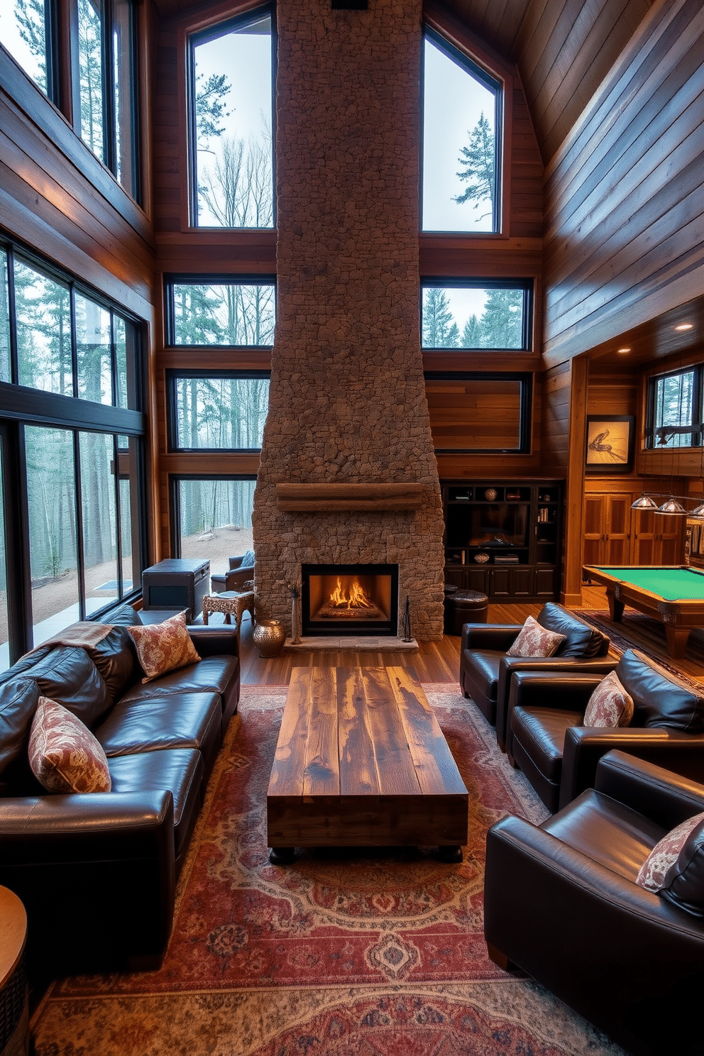 A cozy rustic cabin-style lounge area features a large stone fireplace as the focal point, surrounded by comfortable leather sofas and a reclaimed wood coffee table. The walls are adorned with wooden paneling, and large windows offer a view of the surrounding forest, while warm, earthy tones create an inviting atmosphere. The long basement design incorporates an open layout with multifunctional spaces, including a home theater section with plush seating and a game area featuring a pool table. Soft ambient lighting and stylish storage solutions enhance the overall aesthetic, while large area rugs define each zone, adding warmth and comfort.