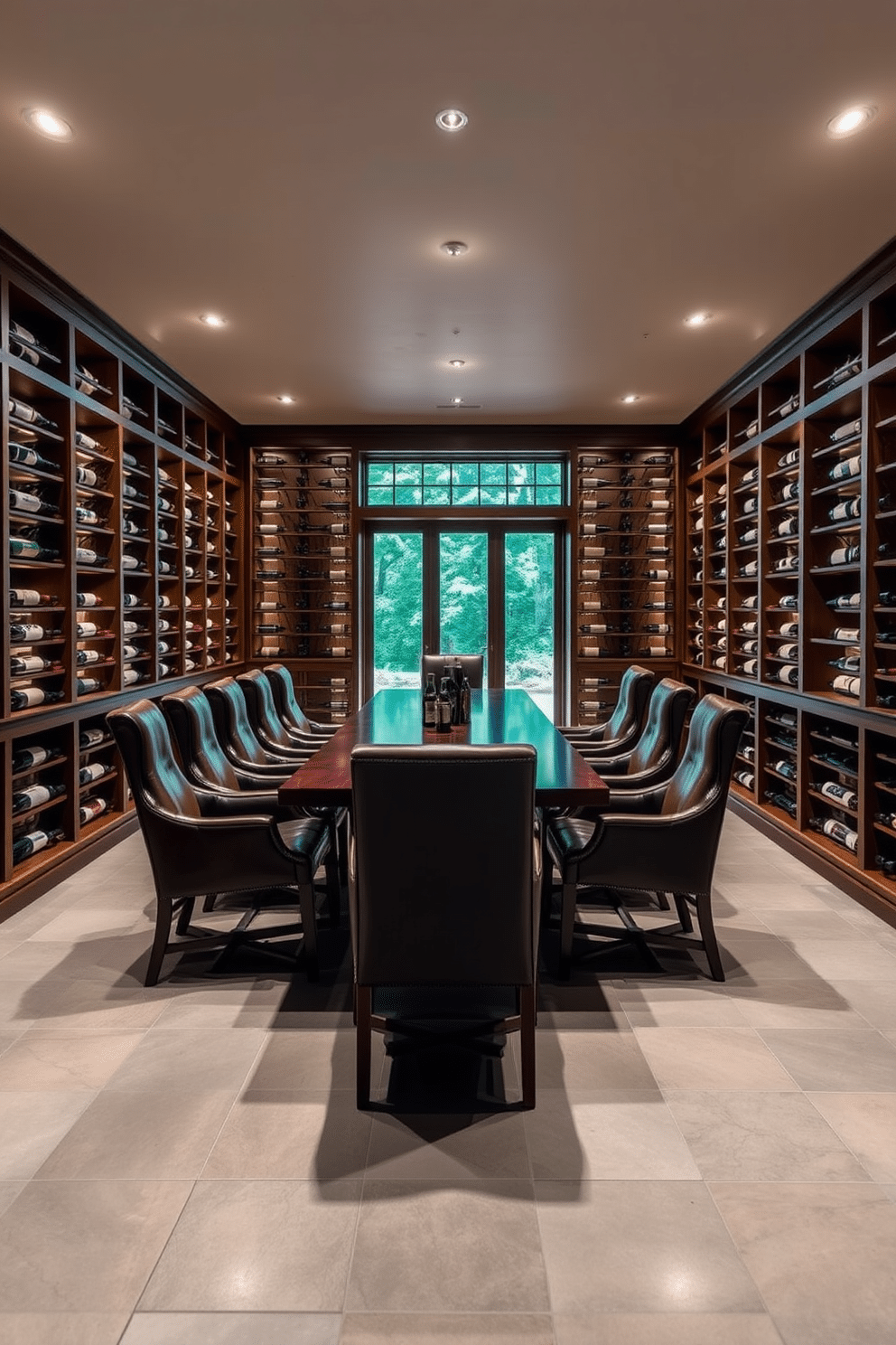 An elegant wine cellar features a rich mahogany tasting table positioned in the center, surrounded by high-backed leather chairs. The walls are lined with custom-built wooden racks displaying an array of fine wines, illuminated by soft, ambient lighting. The long basement design incorporates sleek, polished concrete floors and exposed brick walls, creating a modern yet rustic atmosphere. Large windows allow natural light to filter in, enhancing the space's inviting and sophisticated feel.