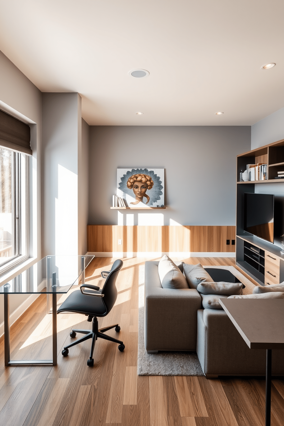 A contemporary office bathed in natural light features a sleek glass desk positioned near a large window, allowing sunlight to flood the space. The walls are painted in a soft gray, complemented by minimalist shelving that holds books and decorative items, creating an inspiring work environment. For the long basement design, envision a cozy entertainment area with a plush sectional sofa facing a modern media console. The walls are adorned with warm wood paneling, and recessed lighting highlights the space, while a small kitchenette with a bar counter adds functionality for gatherings.