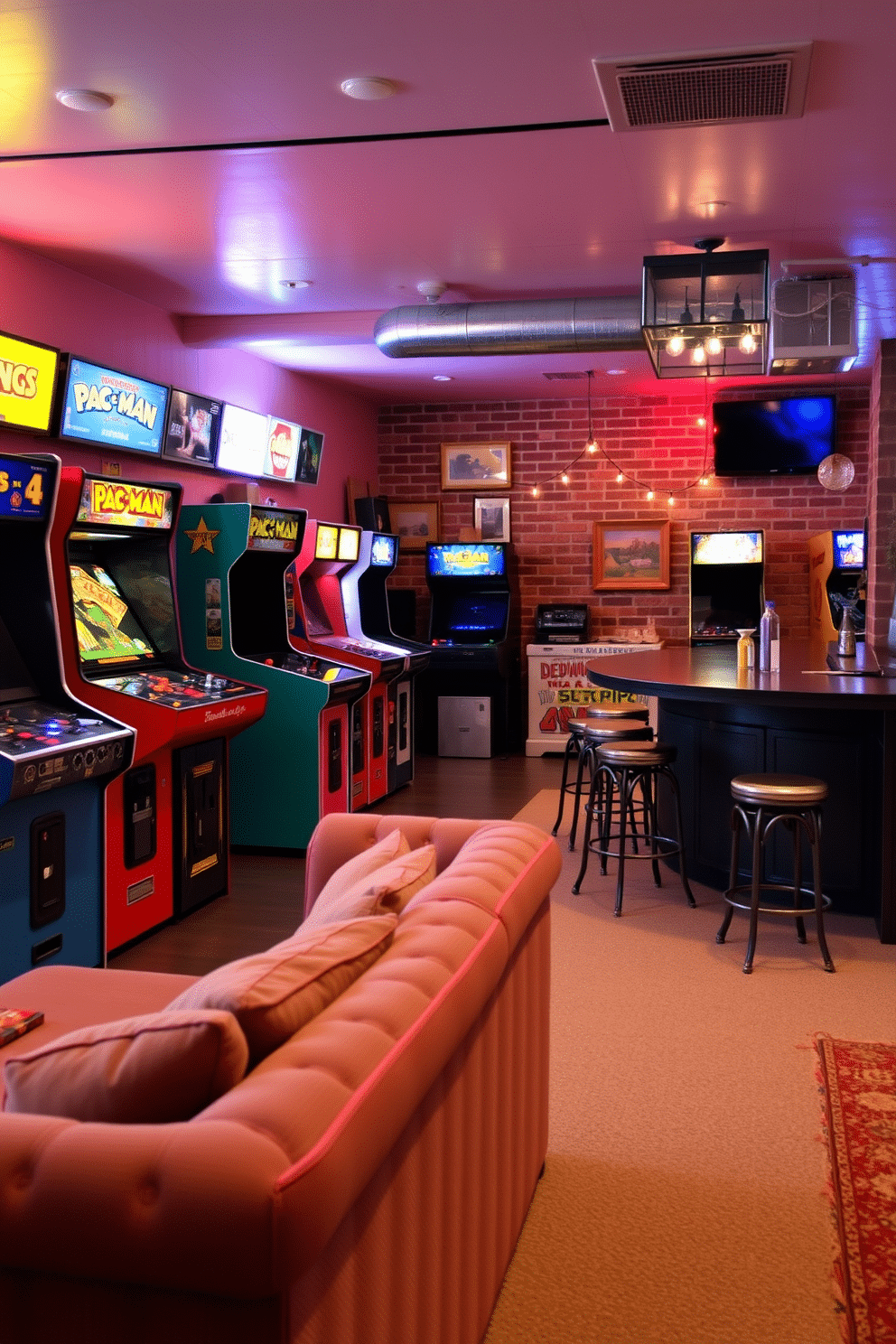 A vintage arcade filled with retro games creates a nostalgic atmosphere. Brightly colored cabinets line the walls, with classic games like Pac-Man and pinball machines inviting players to enjoy hours of fun. The basement design features a cozy lounge area with plush seating and ambient lighting. A bar with vintage stools complements the entertainment space, while exposed brick walls add character and warmth to the overall aesthetic.