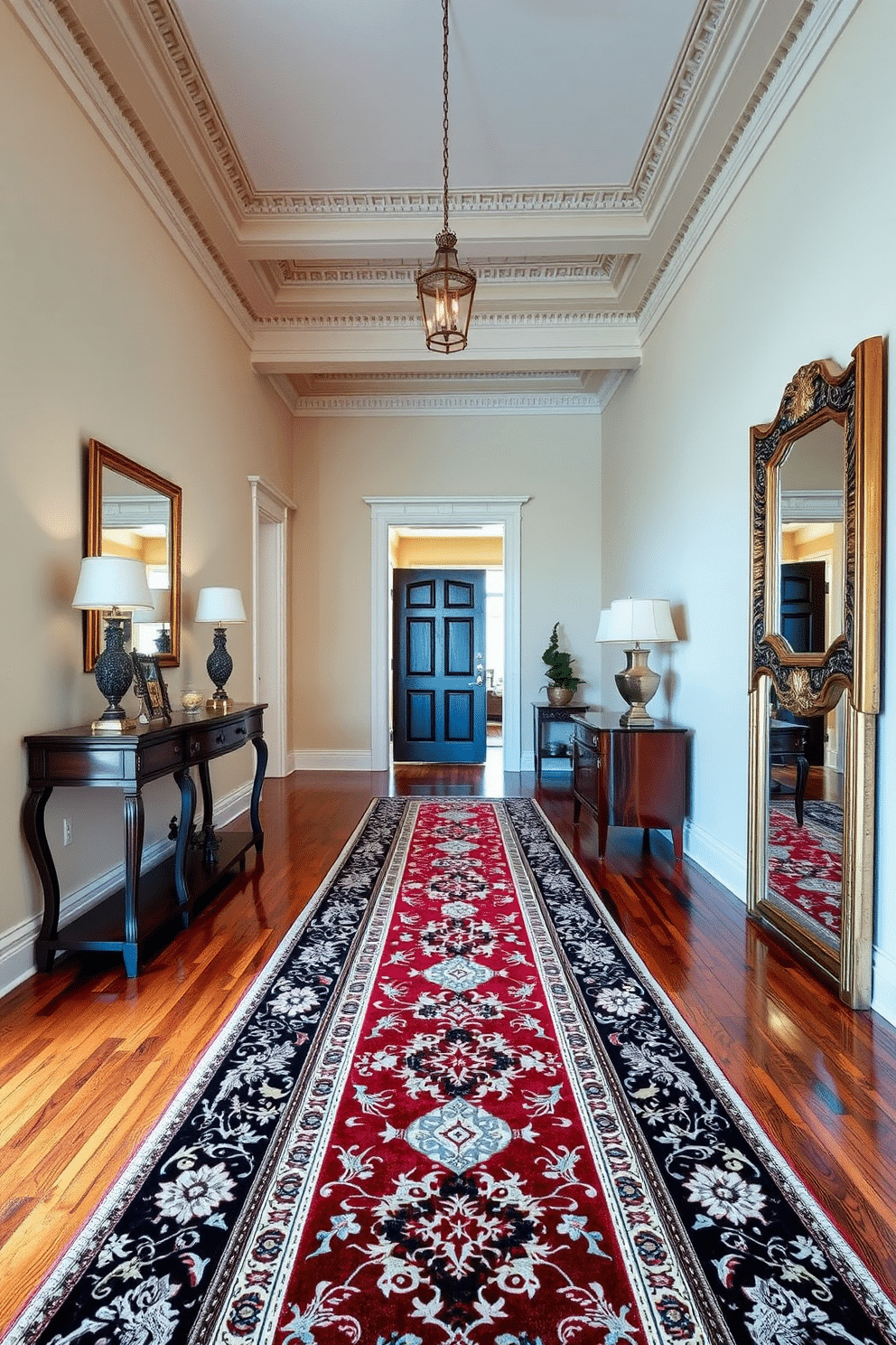 An elegant runner rug stretches along a long foyer, showcasing a striking pattern that contrasts beautifully with the hardwood flooring. The rug's rich colors complement the surrounding decor, creating a warm and inviting atmosphere. The foyer features tall ceilings adorned with intricate crown molding, enhancing the sense of space and sophistication. A console table against one wall displays decorative accents, while a large mirror reflects natural light, making the area feel even more expansive.