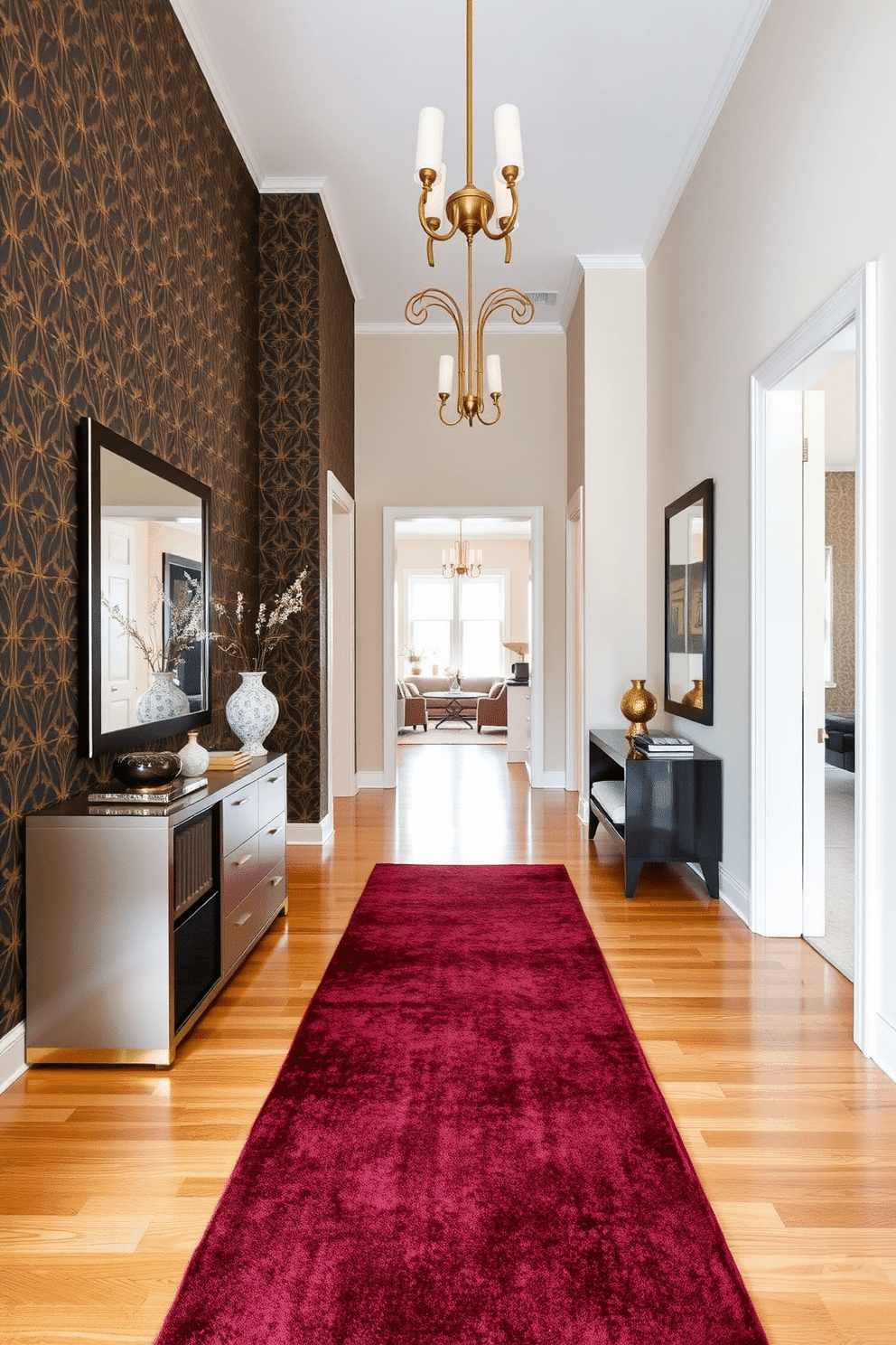 A striking long foyer features bold wallpaper adorned with an intricate geometric pattern, creating a dramatic focal point that captures attention. The floor is lined with polished hardwood, complemented by a sleek console table topped with decorative accents and a large mirror that enhances the sense of space. The walls are painted in a soft neutral tone to balance the boldness of the wallpaper, while elegant lighting fixtures hang from the ceiling, casting a warm glow. A plush runner rug in rich colors leads guests through the foyer, inviting them into the main living area.