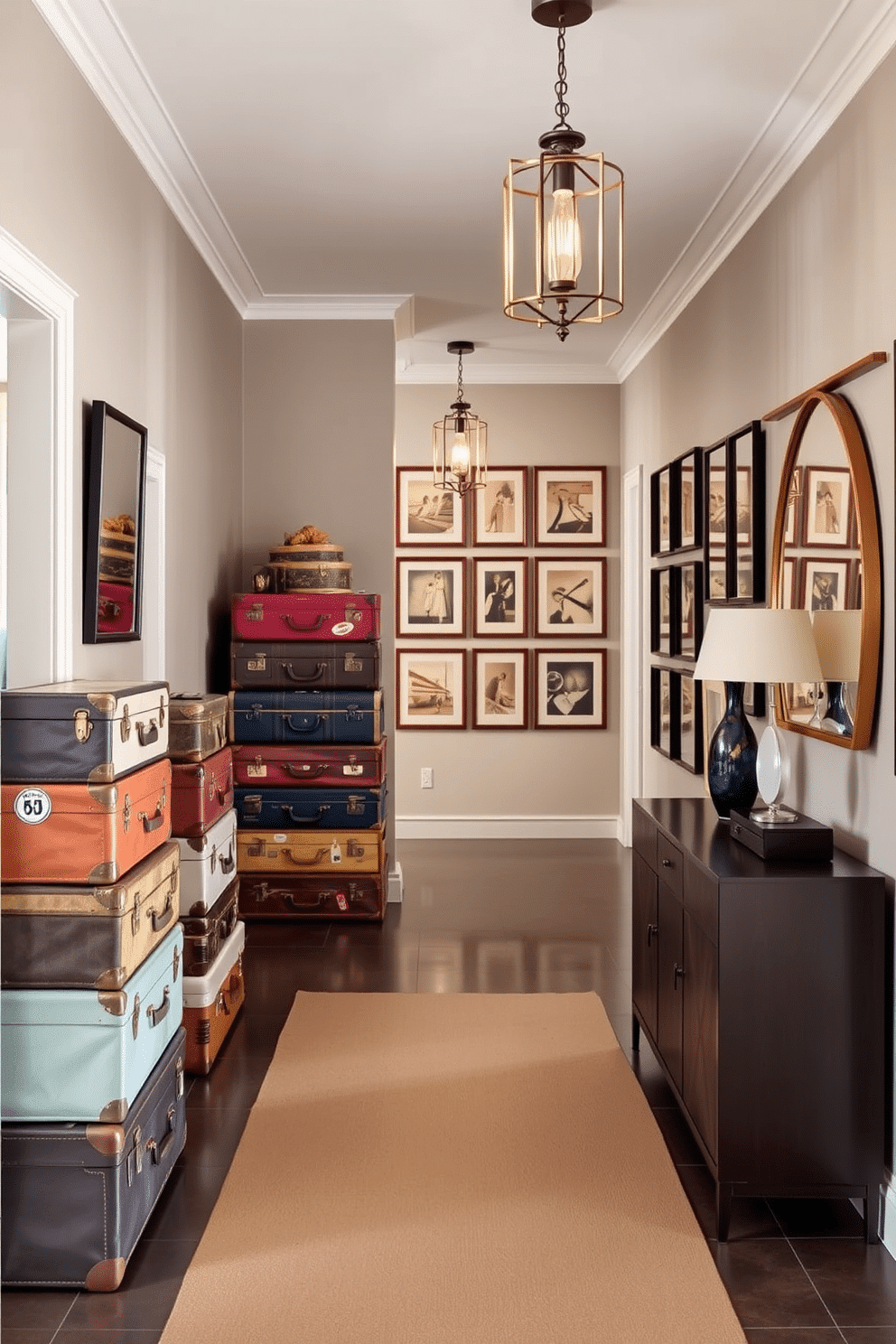 Vintage suitcases are stacked in a corner, serving as both decorative storage and a charming focal point. The suitcases are in various colors and sizes, with some featuring travel stickers, adding a nostalgic touch to the room. The foyer is designed with an elongated layout, featuring a sleek console table against one wall. Elegant lighting fixtures hang from the ceiling, illuminating a gallery of framed artwork that lines the opposite wall.