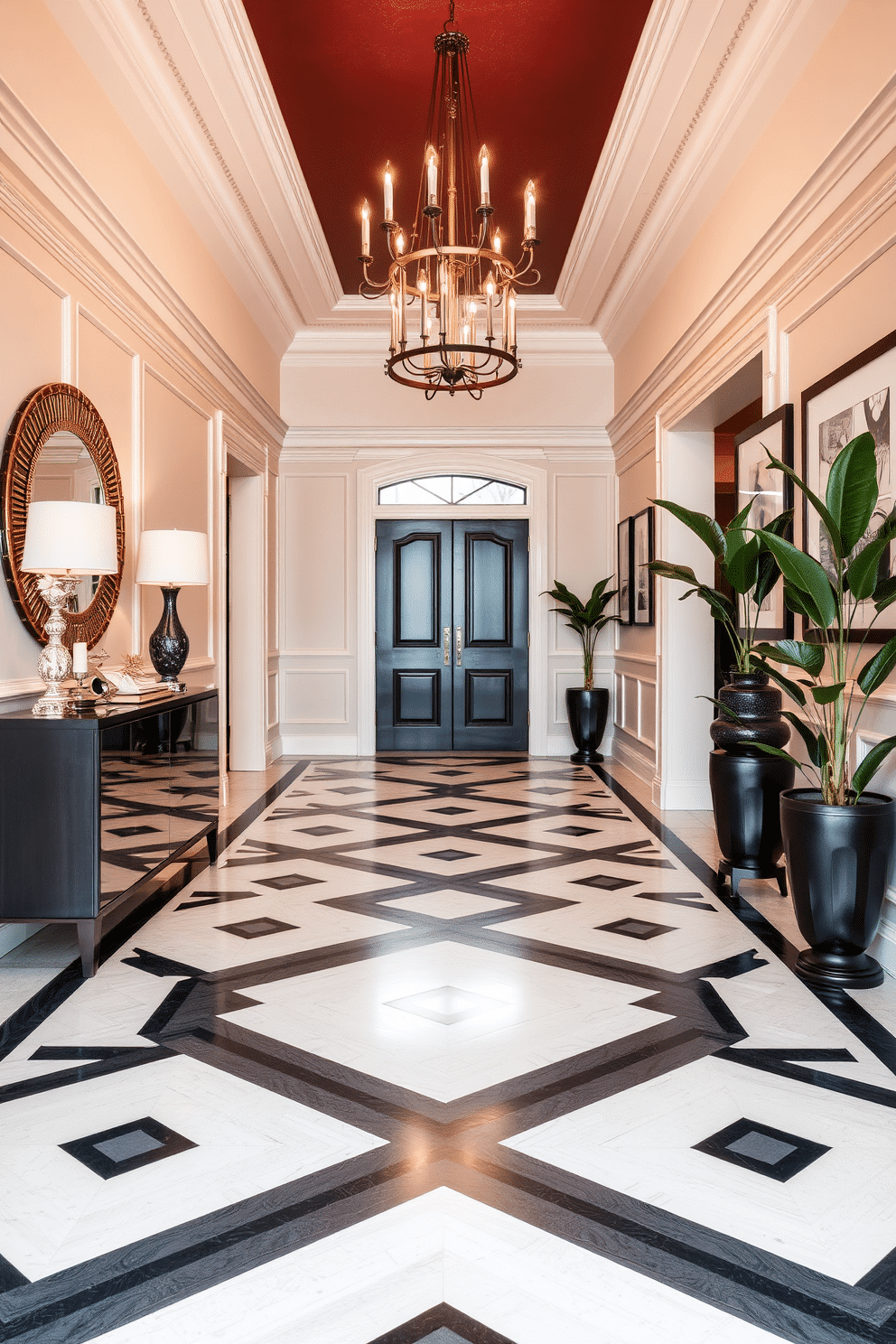 A long foyer features a striking geometric patterned floor that draws the eye with its bold contrasts and intricate shapes. The walls are adorned with elegant wainscoting, and a statement chandelier hangs above, illuminating the space with warmth. On one side of the foyer, a sleek console table showcases curated decor items, while the opposite wall is lined with framed artwork that adds personality. Potted plants are strategically placed to bring a touch of nature indoors, enhancing the inviting atmosphere.