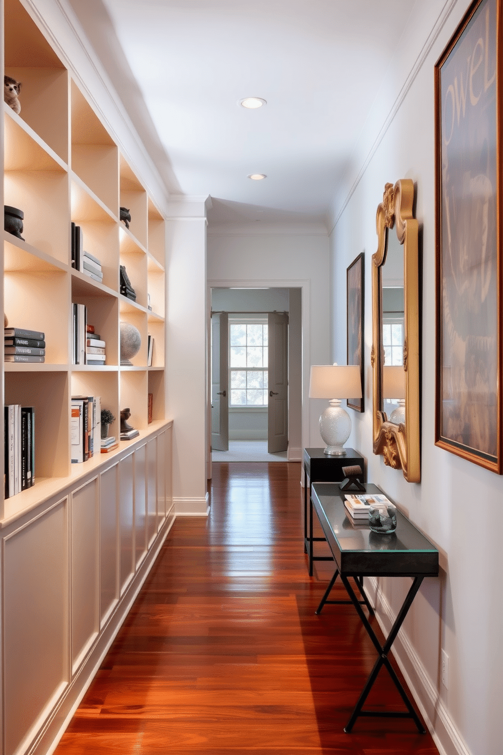 A stylish long foyer features open shelving along one wall, showcasing a curated selection of books and decorative items. The shelves are complemented by soft lighting, creating an inviting atmosphere that welcomes guests. The flooring is a polished hardwood that adds warmth, while a statement mirror hangs at the end of the foyer, reflecting natural light and enhancing the sense of space. Elegant wall art and a console table with a decorative lamp complete the sophisticated look, making the foyer both functional and aesthetically pleasing.