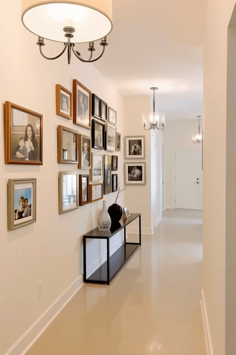 A gallery wall adorned with framed family photos creates a warm and inviting atmosphere. The frames vary in size and style, showcasing cherished memories against a soft, neutral backdrop that enhances the visual appeal. The long foyer features elegant lighting fixtures that draw the eye along the space. A sleek console table is positioned against one wall, adorned with decorative objects and a large mirror that reflects natural light, making the area feel more expansive.